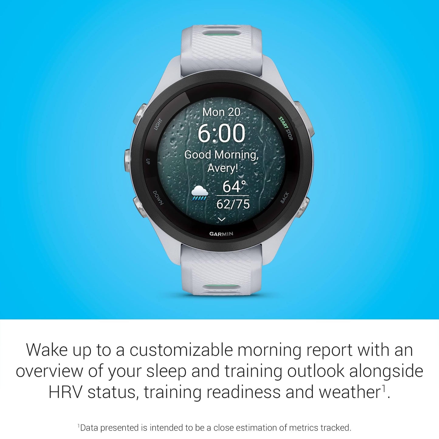 Reloj inteligente para correr Garmin Forerunner 265, pantalla AMOLED colorida, métricas de entrenamiento e información de recuperación, Whitestone y Tidal Blue 