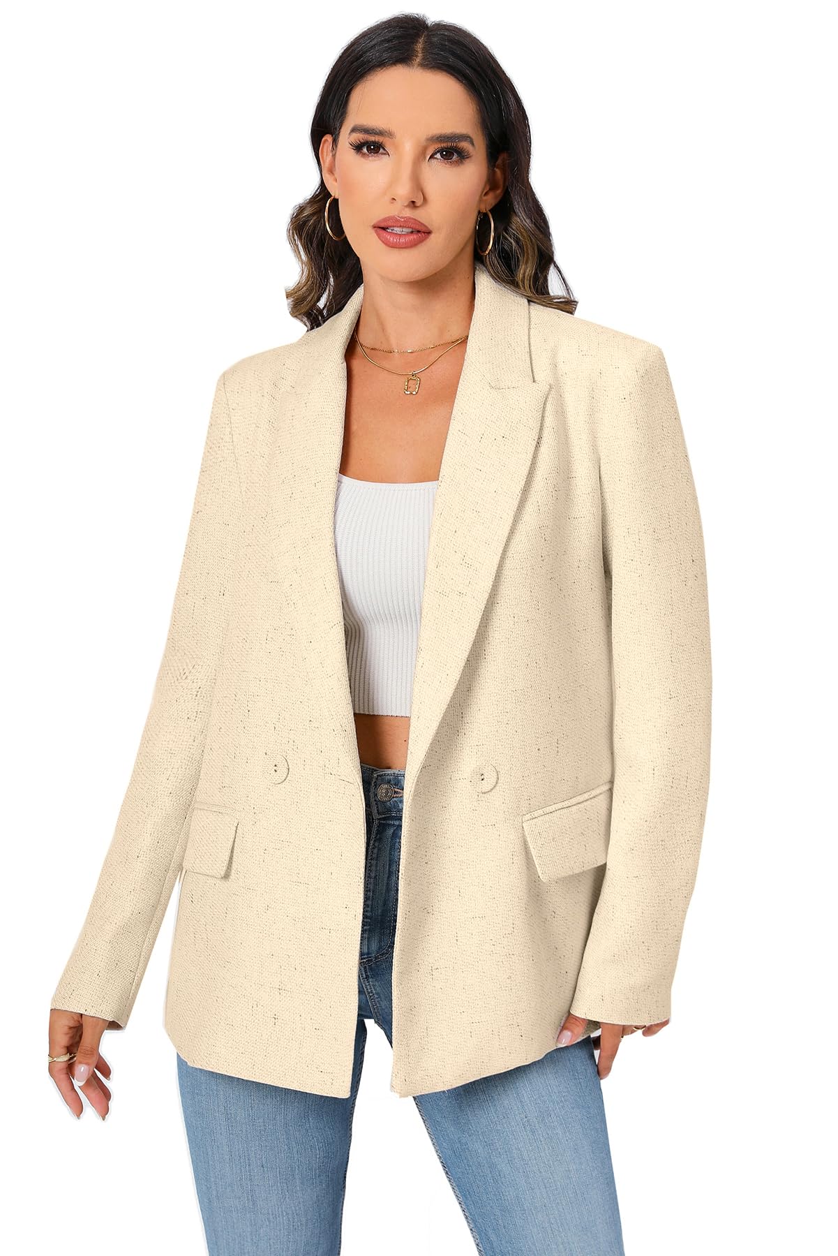 Blazer de costume surdimensionné à double boutonnage pour femme, veste à manches longues, style petit ami décontracté, blazer de travail et de bureau avec poches