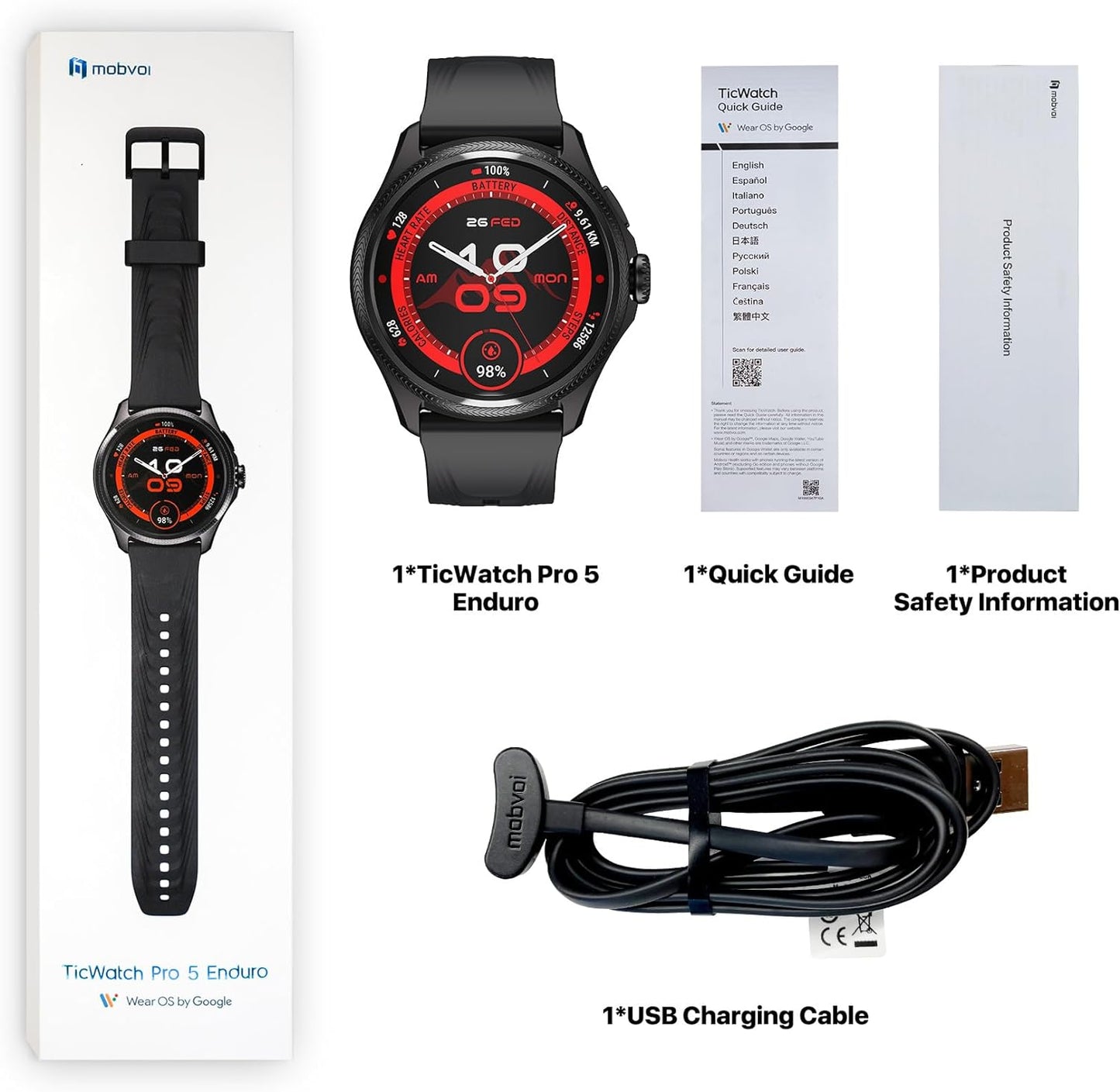 Montre connectée Ticwatch Pro 5 Enduro pour hommes, 1,43 pouces, Android Wear OS, batterie de 90 heures, plus de 110 modes d'entraînement, fréquence cardiaque 7/24, moniteur d'activité physique, extérieur, boussole GPS 5 ATM, compatible Android uniquement 