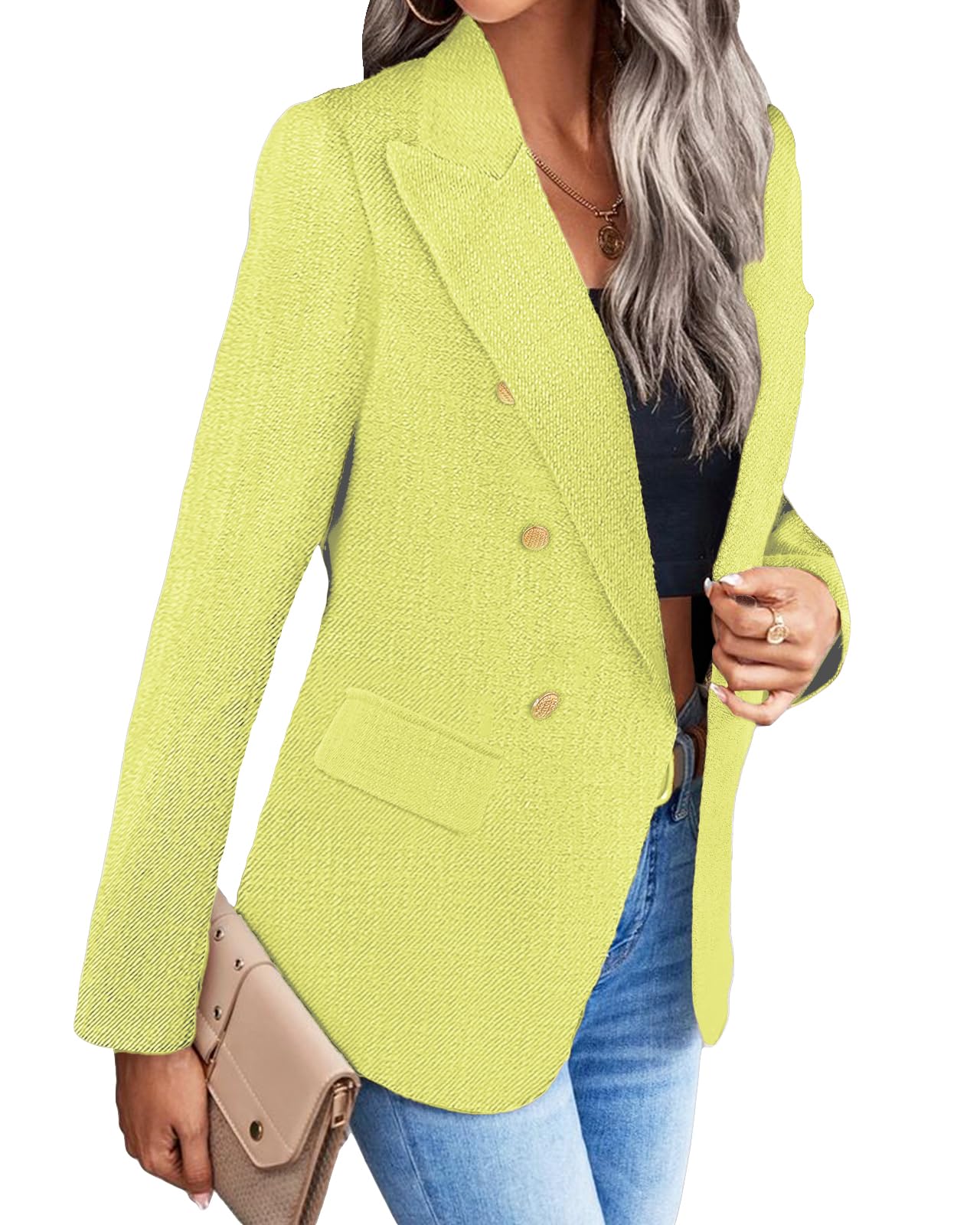 Womens Casual Blazer 2024 Spring Open Front Business Work Tweed Plaid Jacket Suit Pocket (S-XXL)