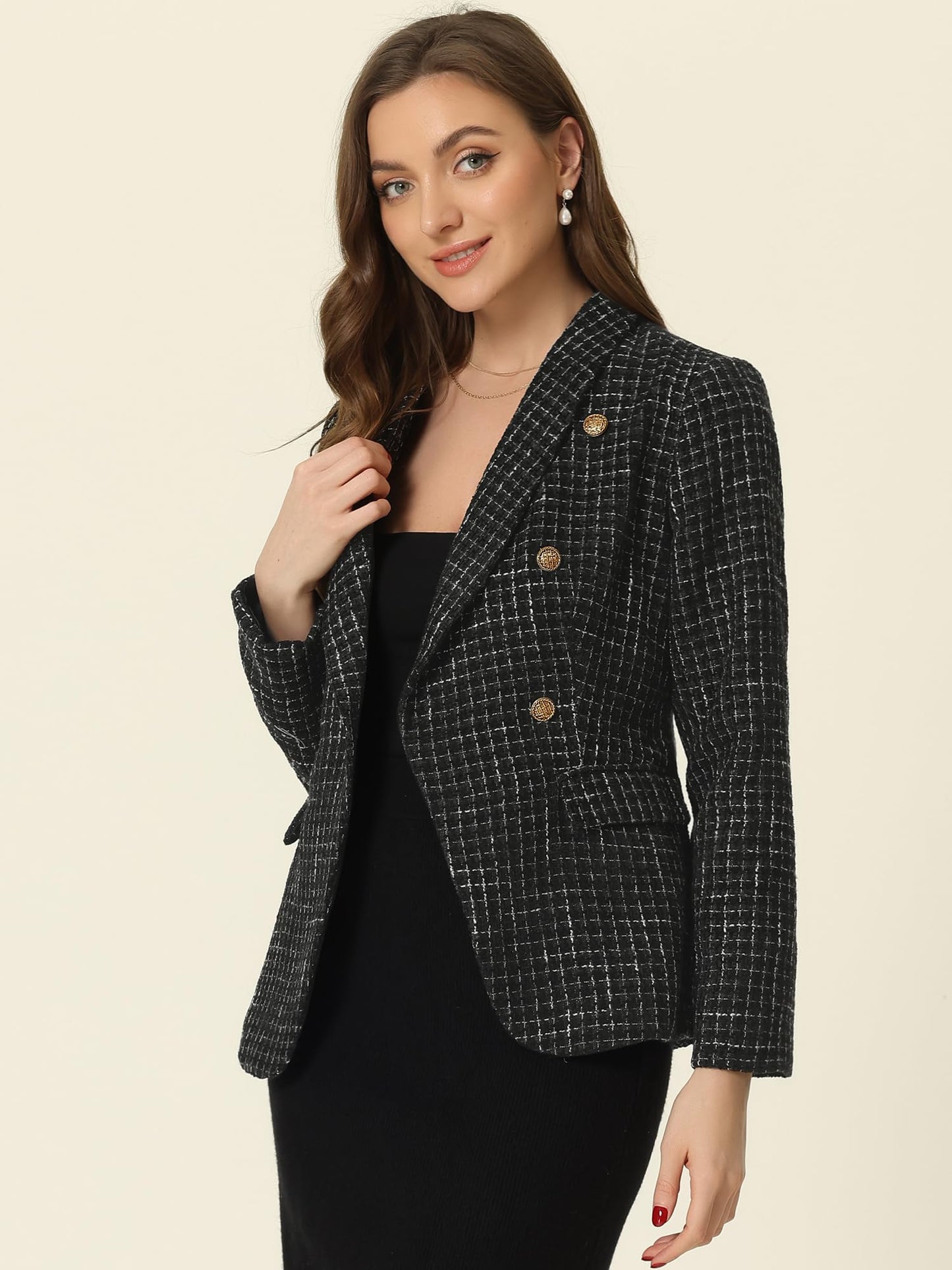 Allegra K Blazer de Tweed para Mujer con Solapa de Muesca, Chaqueta a Cuadros con Doble Botonadura, Blazer de Trabajo y Oficina 