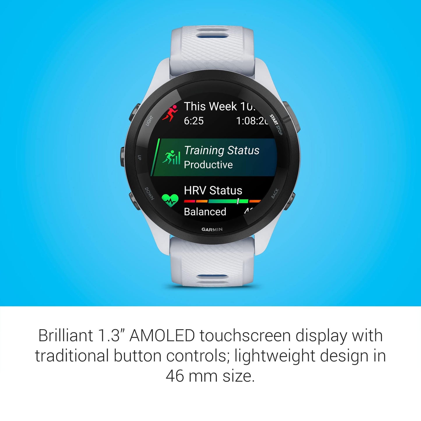 Garmin Forerunner 265 Running Smartwatch, Colorful AMOLED Display, Training Metrics and Recovery Insights, Whitestone and Tidal Blue