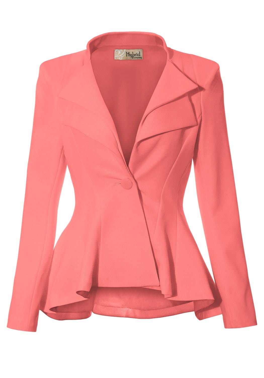 Hybrid & Company Women's Casual Work Office Dressy Double Notch Lapel Sharp Shoulder Pad Single Button Peplum Comfy Blazer