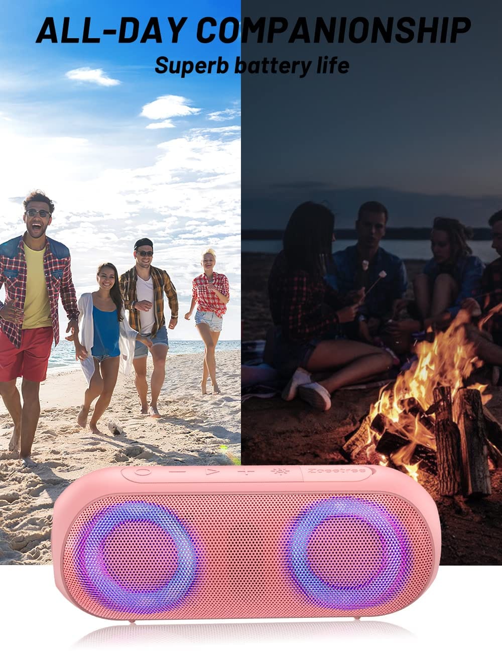 Altavoces Bluetooth con luz, Bluetooth inalámbrico portátil de 30 W (rango de 100 pies), sonido estéreo fuerte, altavoces de ducha impermeables IPX7, luces rítmicas multicolores RGB, tiempo de reproducción de 1000 minutos para interiores y exteriores 