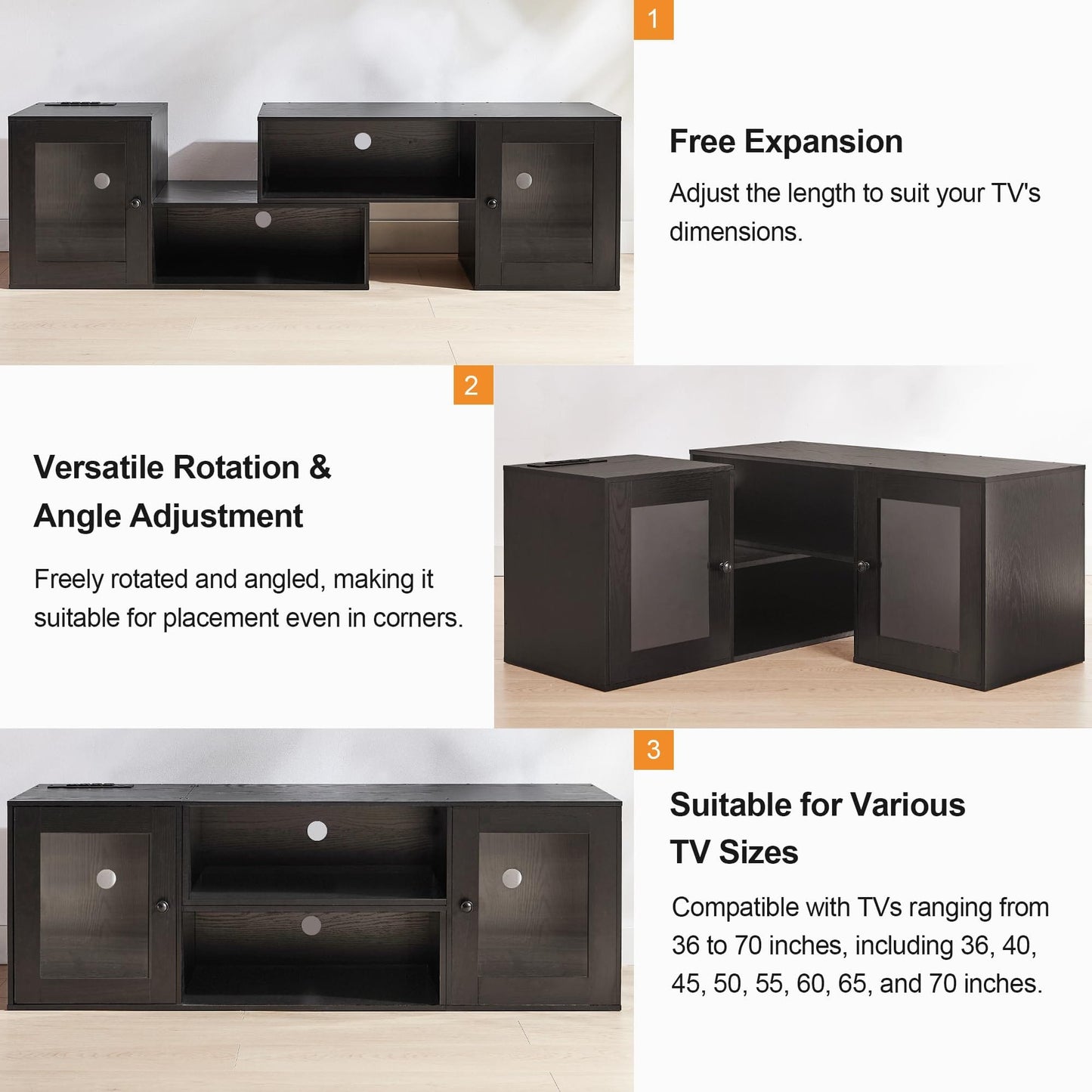 VECELO Soporte para TV LED para televisores de hasta 70 pulgadas Centro de entretenimiento moderno con consola multimedia de almacenamiento con 23 opciones de parpadeo y 4 modos personalizables para sala de estar, dormitorio, negro brillante 