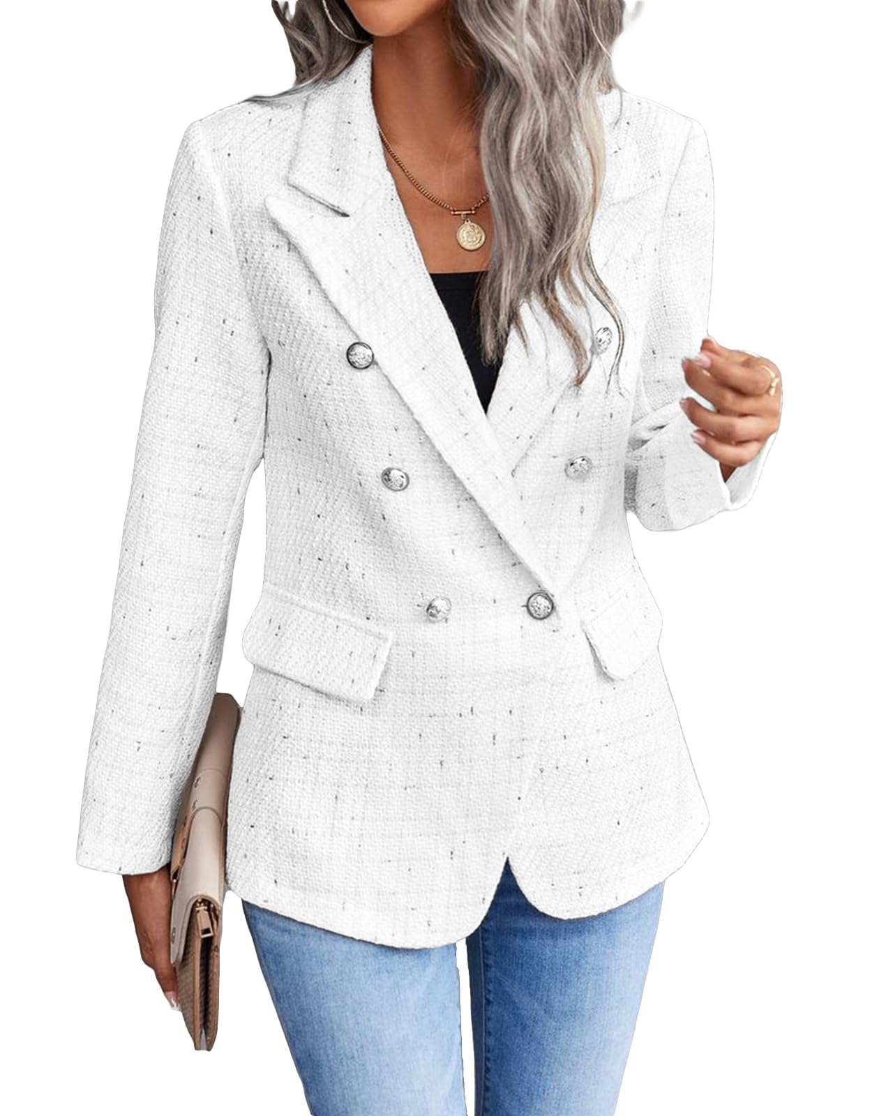 Blazer informal para mujer, primavera 2024, frente abierto, trabajo de negocios, chaqueta a cuadros de Tweed, bolsillo para traje (S-XXL) 