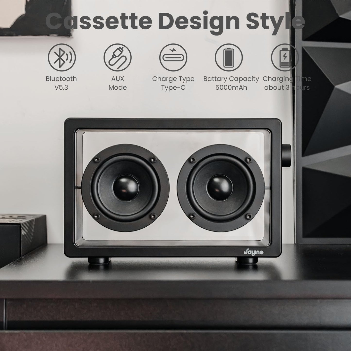 Altavoz Bluetooth portátil Cassette, Altavoces minimalistas de 16 W Bluetooth inalámbrico alto, sonido potente HD y amplia compatibilidad V5.3 para interiores y exteriores - Negro 