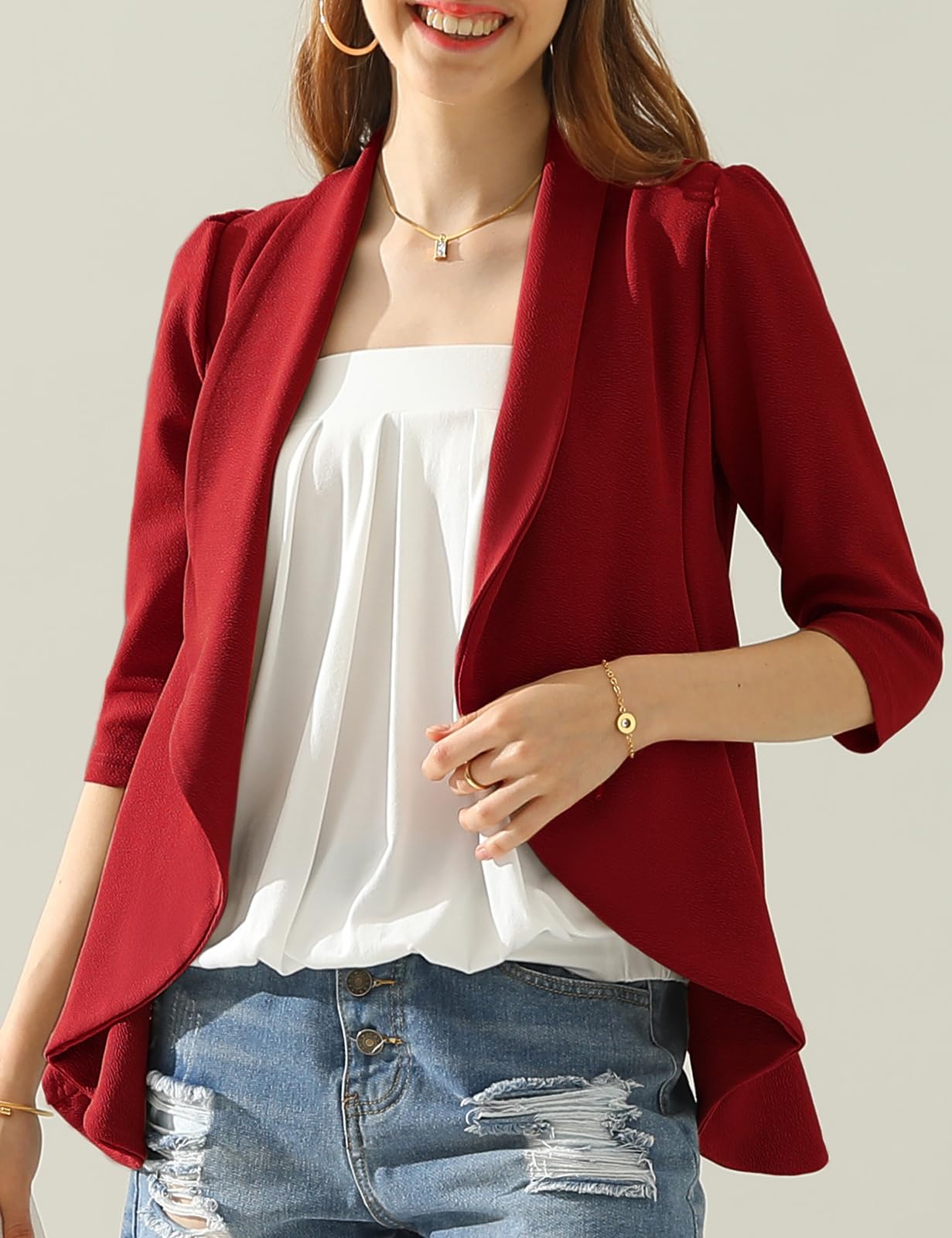 DOUBLJU Blazer léger et fin à manches 3/4 ouvert sur le devant - Veste déconstruite décontractée pour femme - Vêtements de grande taille 