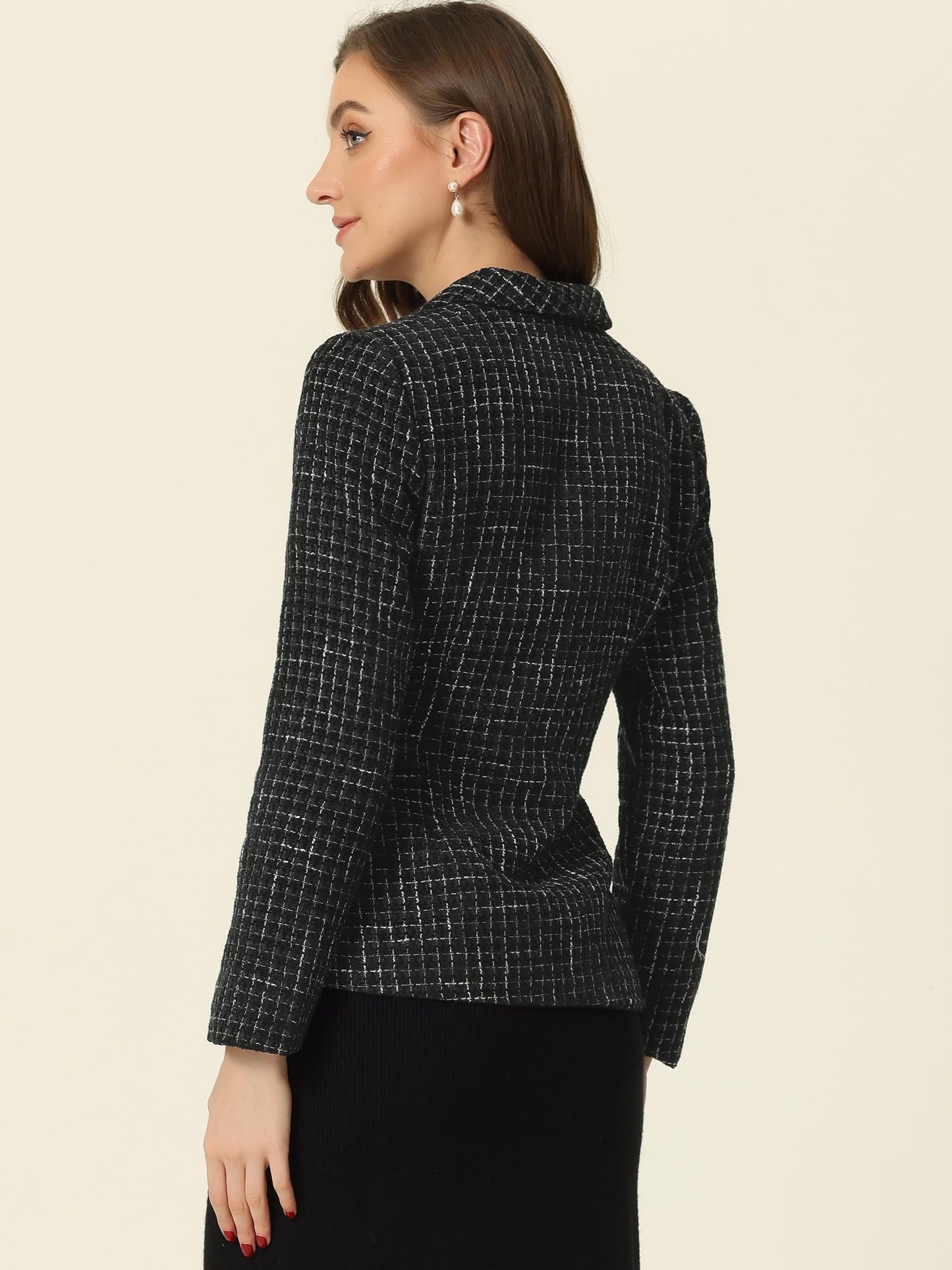 Allegra K Blazer de Tweed para Mujer con Solapa de Muesca, Chaqueta a Cuadros con Doble Botonadura, Blazer de Trabajo y Oficina 