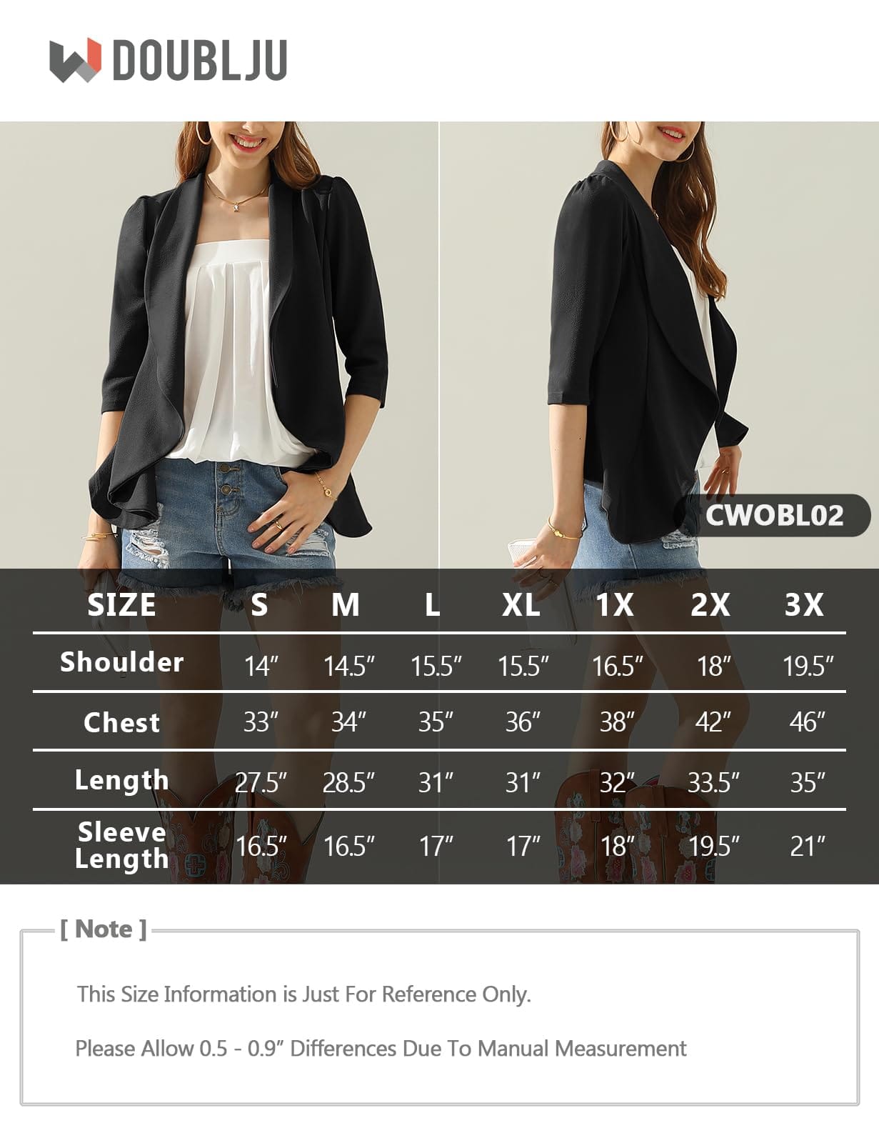 DOUBLJU Blazer léger et fin à manches 3/4 ouvert sur le devant - Veste déconstruite décontractée pour femme - Vêtements de grande taille 