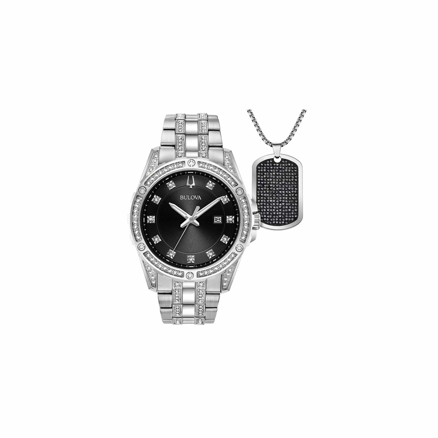 Bulova Set de regalo para hombre con detalles de cristal, reloj de cuarzo con fecha de 3 manecillas y collar de cadena con etiqueta para perro 