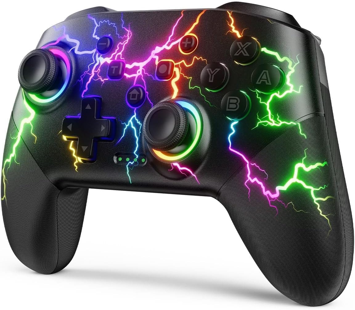 Switch Controller Compatible with Switch/Switch Lite/Switch OLED/Windows/iOS/Android, RGB Lightning Programmable 1000mAh Wireless Switch Pro Controller with One Key Pairing Wake Up Turbo Vibration