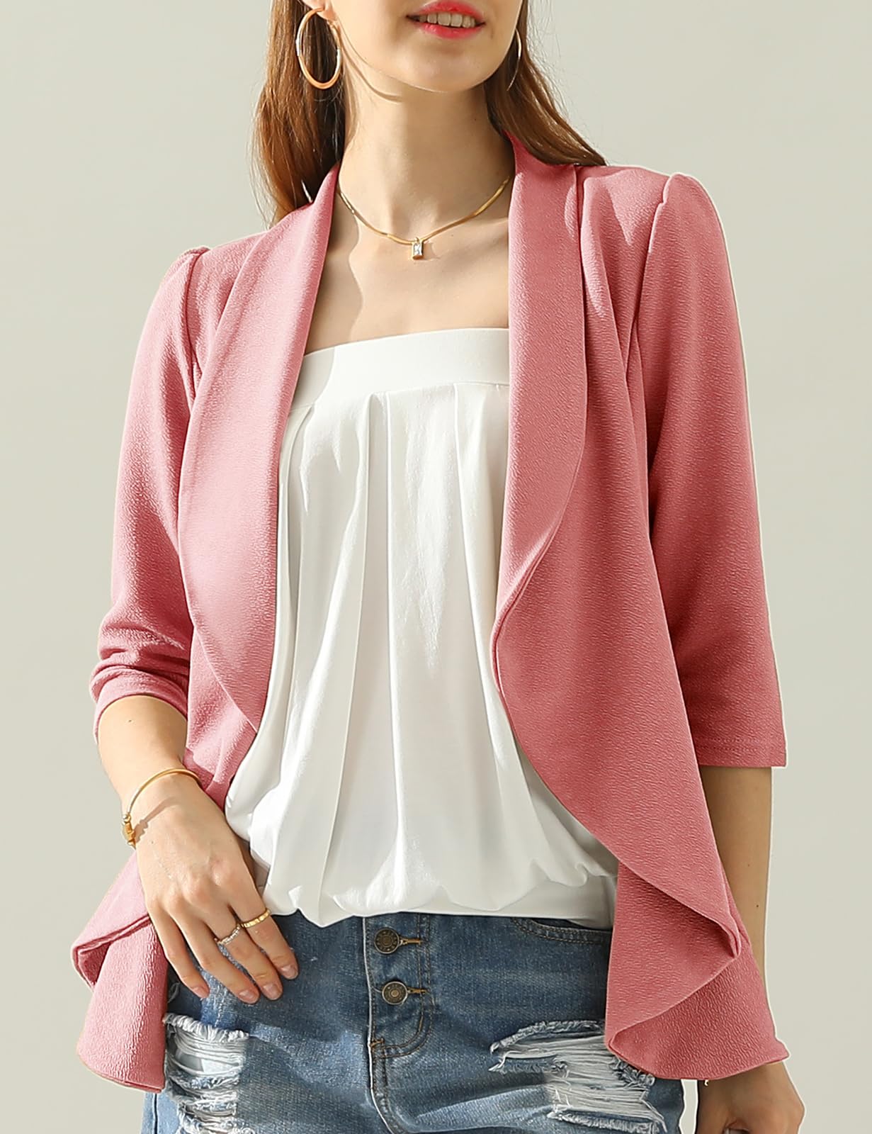 DOUBLJU Blazer léger et fin à manches 3/4 ouvert sur le devant - Veste déconstruite décontractée pour femme - Vêtements de grande taille 