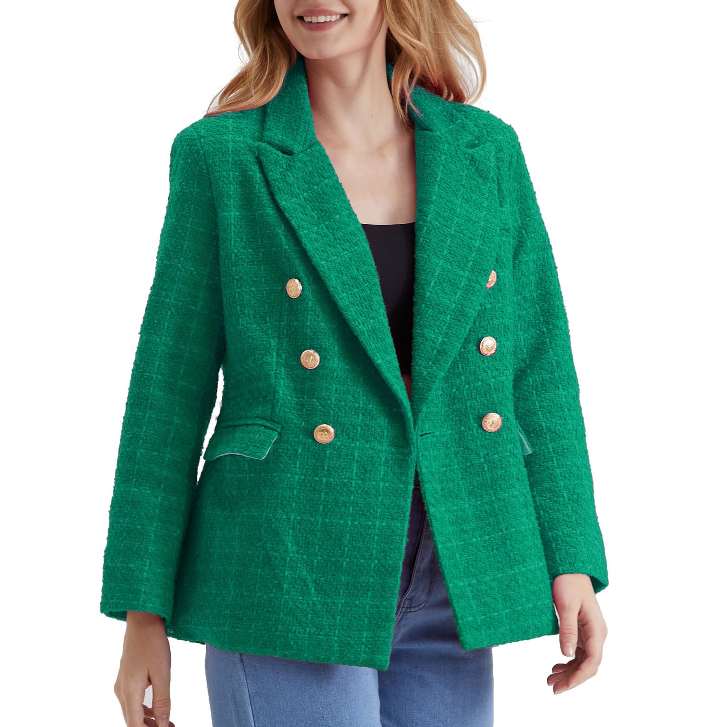 Rixiland Tweed Blazers Chaquetas para Mujer Doble Botonadura Solapa Manga Larga Oficina Casual Blazer 