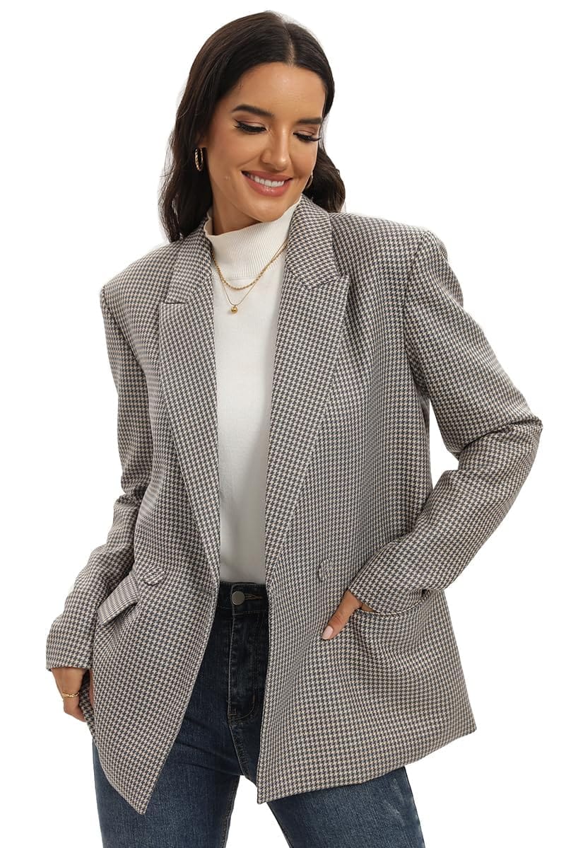 Chaqueta de traje de gran tamaño con doble botonadura para mujer, chaqueta de manga larga, informal, estilo novio, chaqueta de trabajo para oficina con bolsillos