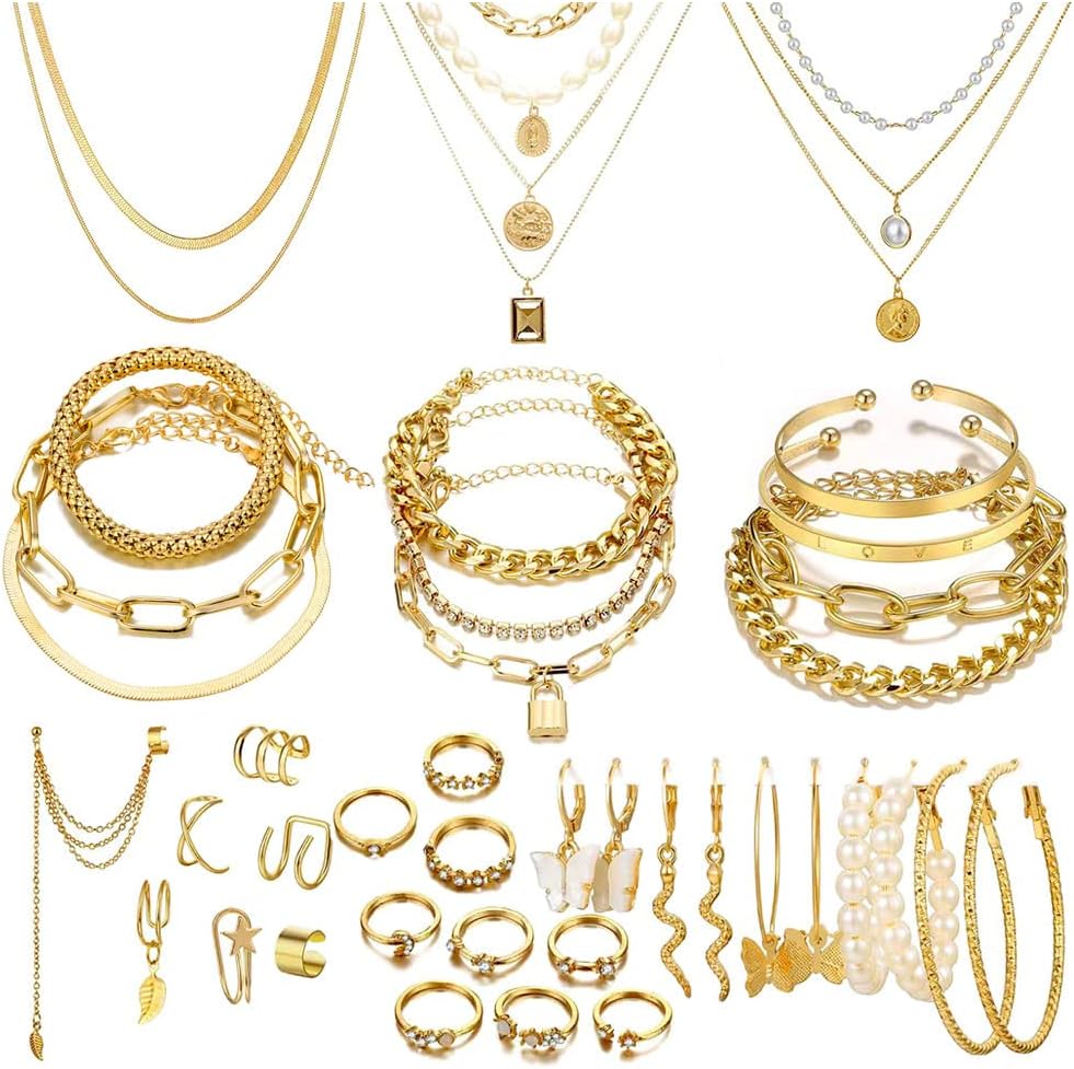 CONGYING 46 Pcs Gold Jewelry Set with 11Pcs Necklace, 11 Pcs anklet and 18 Pcs Earring Ear Cuff,6Hoop Earrings for Women Girls, Fashion Indie Costume Jewerly Pack for Friendship Party Gift Xpress