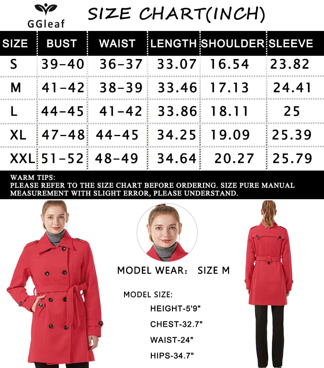 GGleaf Women's Classic Double Breasted Pea Coat Winter Mid-Long Slim Trench Coat with Belt