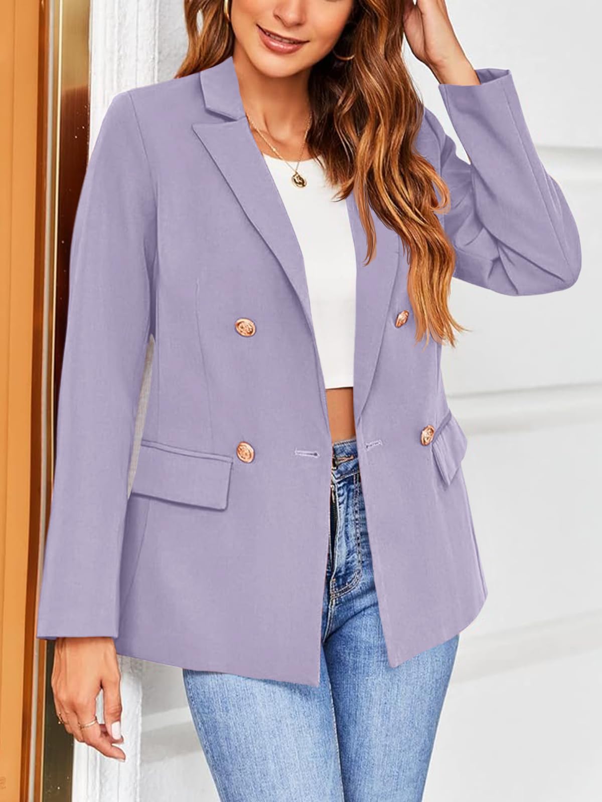 Hdieso Veste blazer décontractée à manches longues et boutons pour femme - Couleur unie 