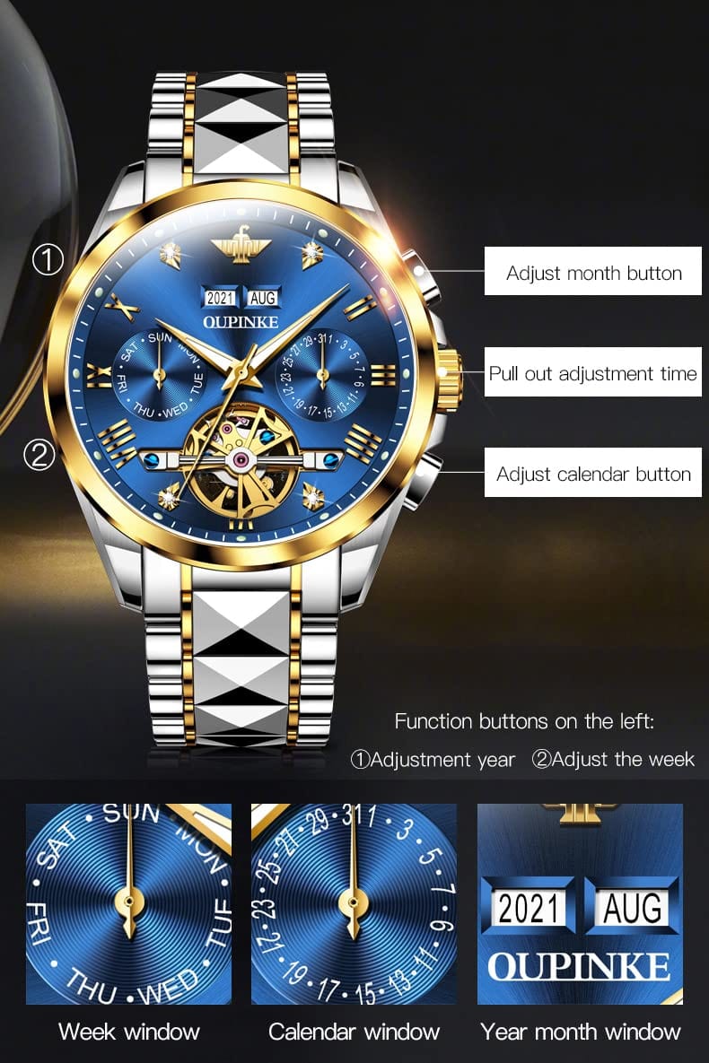 OUPINKE, relojes automáticos para hombre, vestido de lujo con diamantes, reloj de pulsera mecánico resistente al agua de acero de tungsteno con doble fecha 