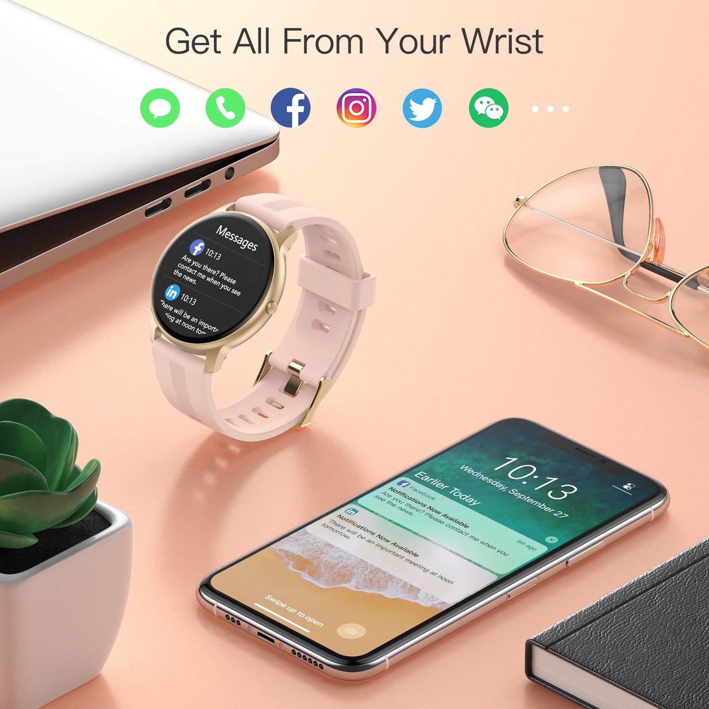 AGPTEK Reloj Inteligente para Mujer, Reloj Inteligente para teléfonos Android e iOS IP68 Rastreador de Actividad a Prueba de Agua con Pantalla táctil a Color Monitor de frecuencia cardíaca Podómetro Monitor de sueño, Rosa 