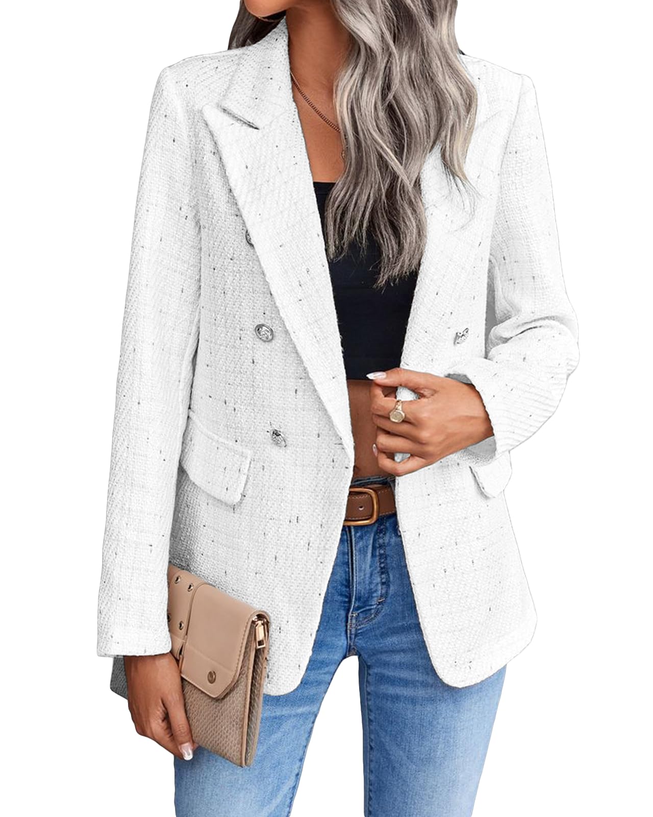 Womens Casual Blazer 2024 Spring Open Front Business Work Tweed Plaid Jacket Suit Pocket (S-XXL)