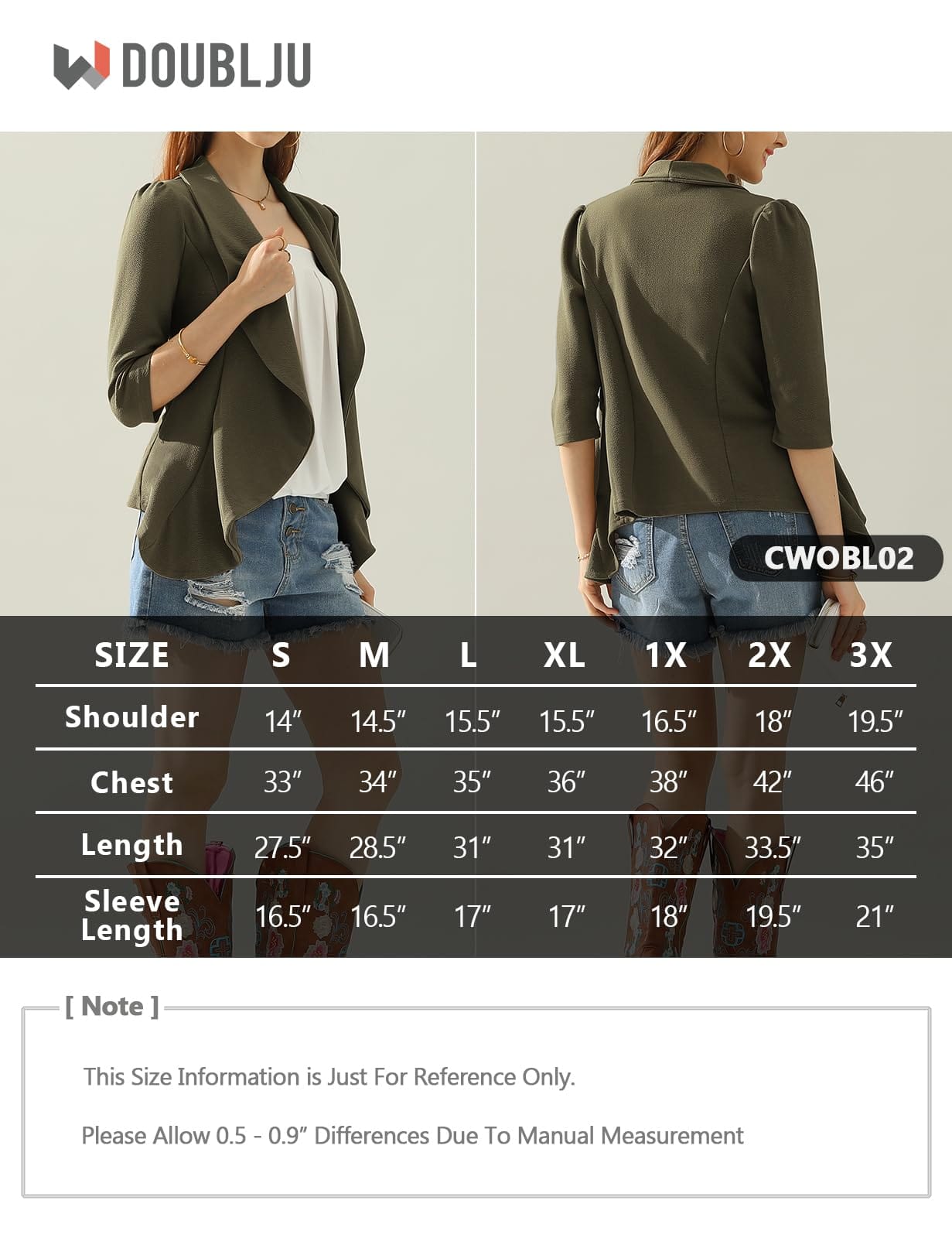 DOUBLJU Lightweight Thin 3/4 Sleeve Open Front Blazer Business Casual Deconstructed Jackets for Womens Clothes with Plus Size