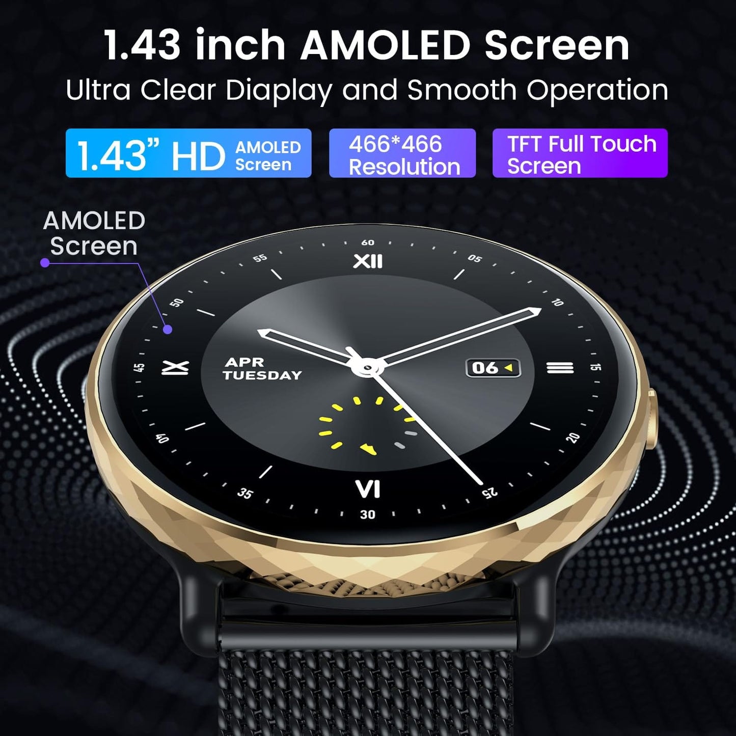 Montre intelligente pour hommes et femmes, téléphones Android iOS : montres intelligentes, tracker d'activité avec écran tactile AMOLED de 1,43", étanche, pression artérielle, fréquence cardiaque, pas automatique, minuteur de sport, alarme, podomètre. 