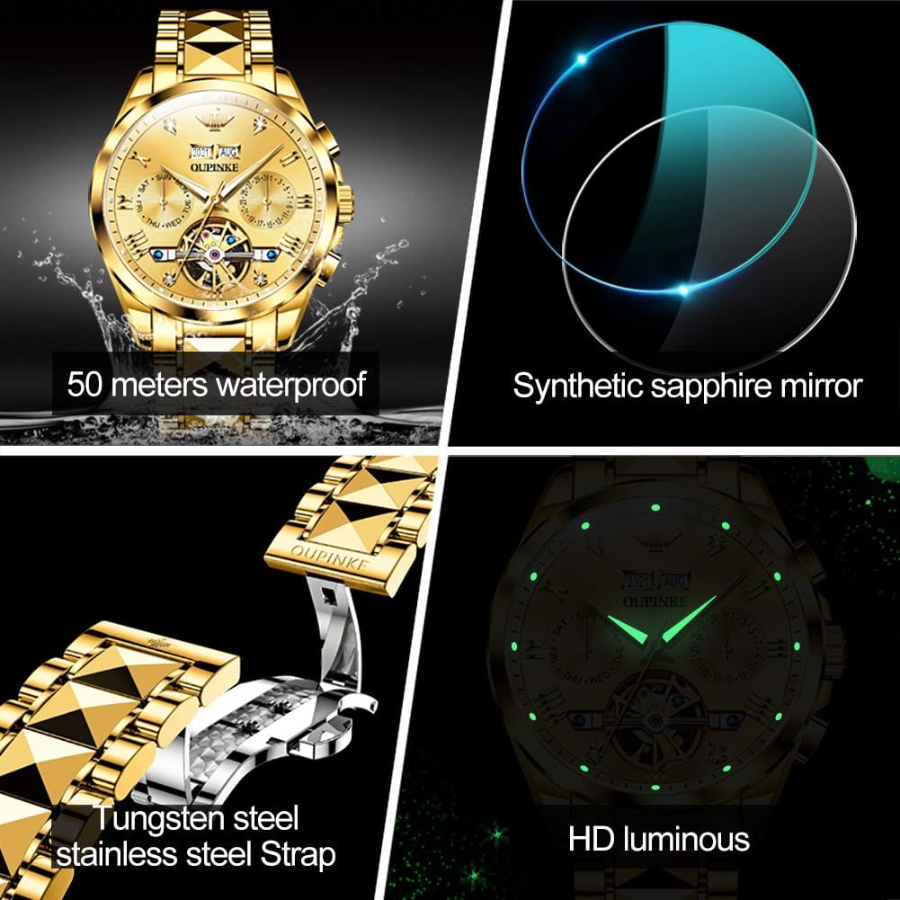 OUPINKE Relojes mecánicos con esqueleto para hombre, vestido de lujo, cuerda automática, cristal de zafiro, resistente al agua, banda de acero de tungsteno, relojes de pulsera 