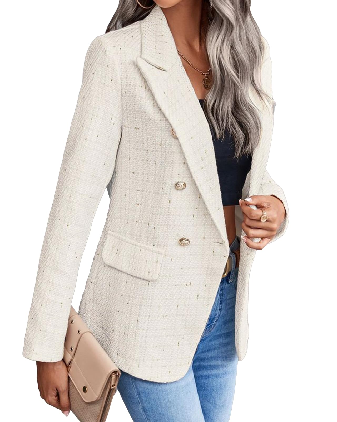 Blazer informal para mujer, primavera 2024, frente abierto, trabajo de negocios, chaqueta a cuadros de Tweed, bolsillo para traje (S-XXL) 