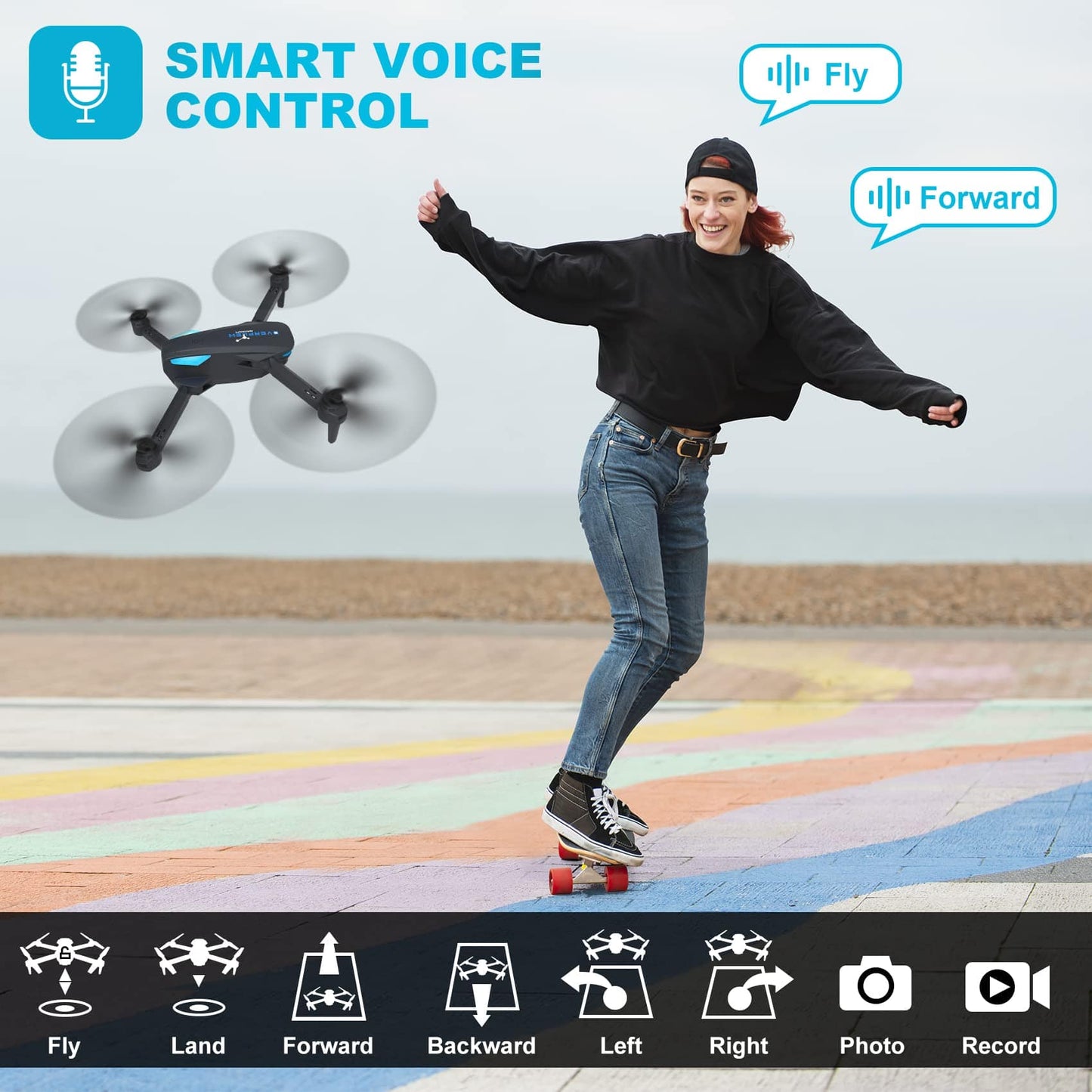 Drone with 1080P Camera for Beginners and Kids, Foldable Remote Control Quadcopter with Voice Control, Gestures Selfie, Altitude Hold, One Key Start, 3D Flips, 2 Batteries, Toys Gifts for Boys Girls