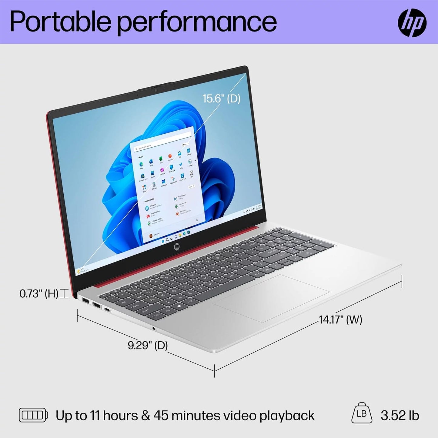 Laptop portátil HP de 15.6" (incluye 1 año de Microsoft 365), pantalla HD, procesador Intel Quad-Core N200, 16 GB de RAM, 128 GB de almacenamiento, Wi-Fi 5, cámara web, HDMI, teclado numérico, Windows 11 Home, rojo 