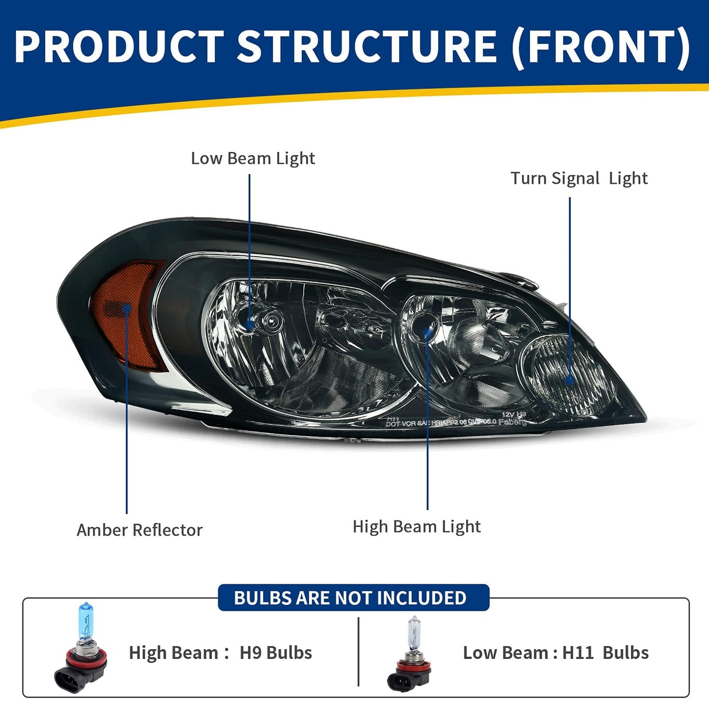 AUTOSAVER88 Headlight Assembly Compatible with 2006-2013 Chevy Impala 06 07 Chevy Monte Carlo Replacement Headlamp Driving Light Chrome Housing Amber Reflector Clear Lens