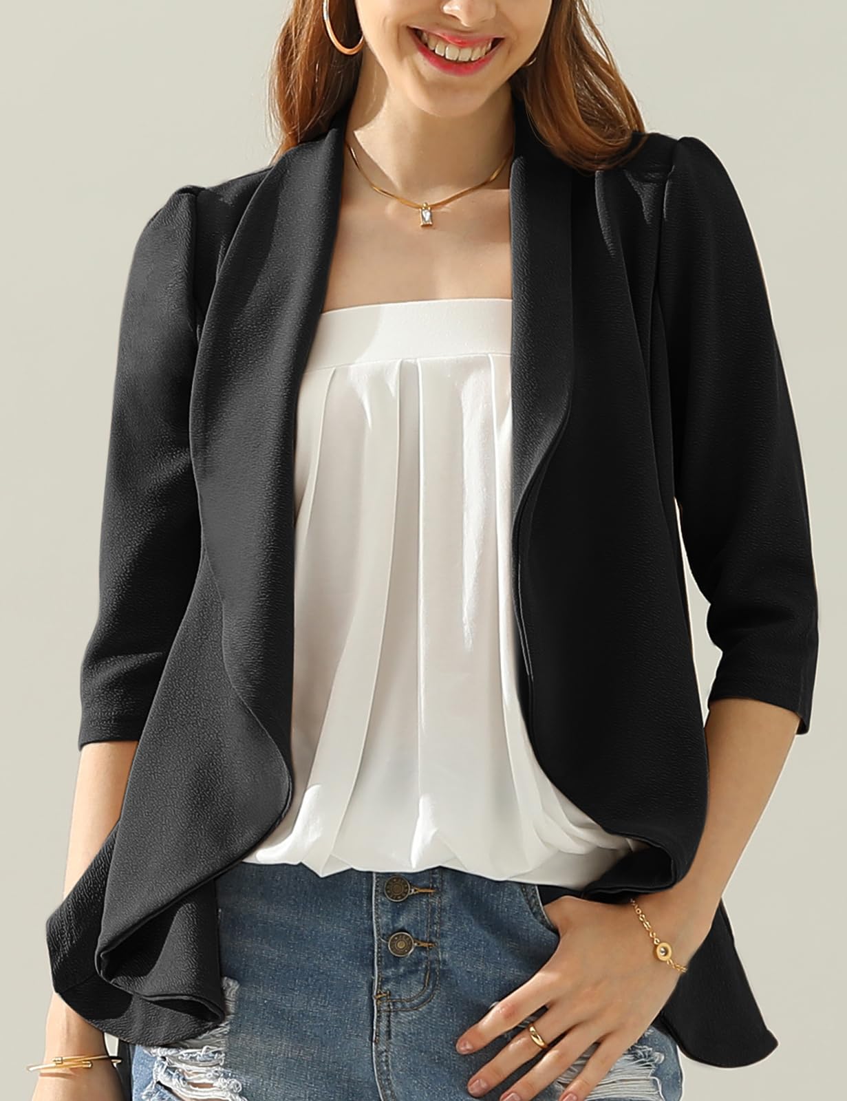 DOUBLJU Lightweight Thin 3/4 Sleeve Open Front Blazer Business Casual Deconstructed Jackets for Womens Clothes with Plus Size