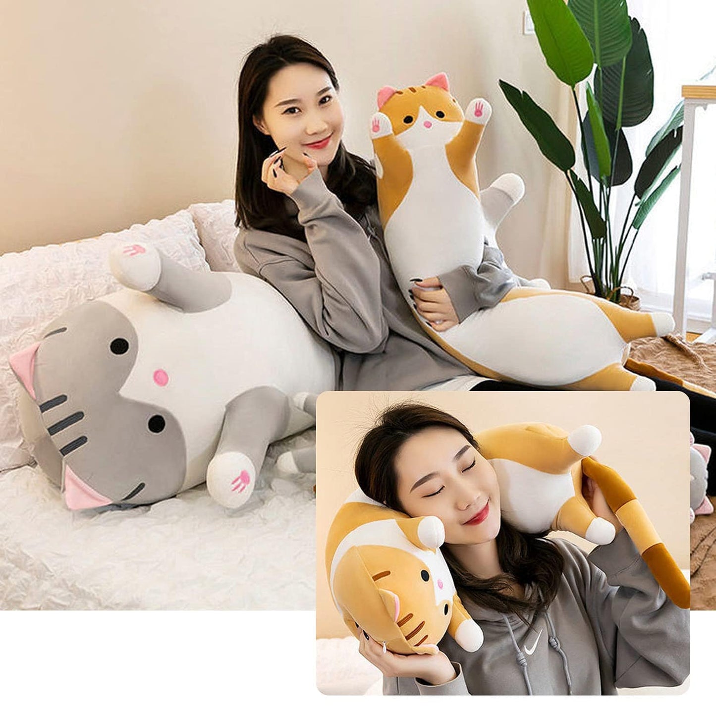 Giant Cat Pillow Plush Cartoon Kitty Sleeping Hugging Pillow, Cuddly Soft Long Kitten Body Pillow Doll Cat Cushion Toy for Kids Girlfriend (Pink, 110cm/43.3inch)