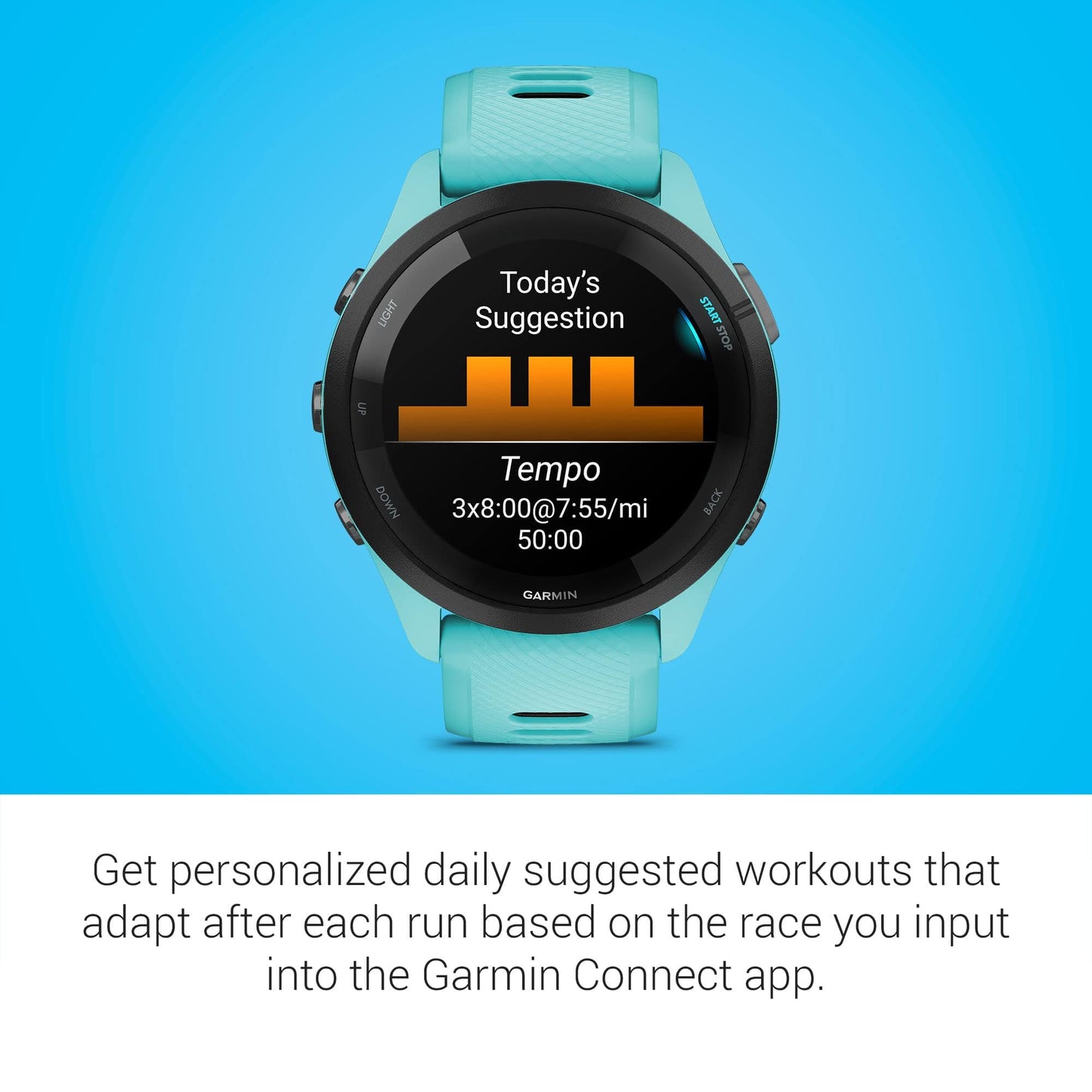 Montre intelligente de course Garmin Forerunner 265, écran AMOLED coloré, mesures d'entraînement et informations de récupération, pierre blanche et bleu marée 