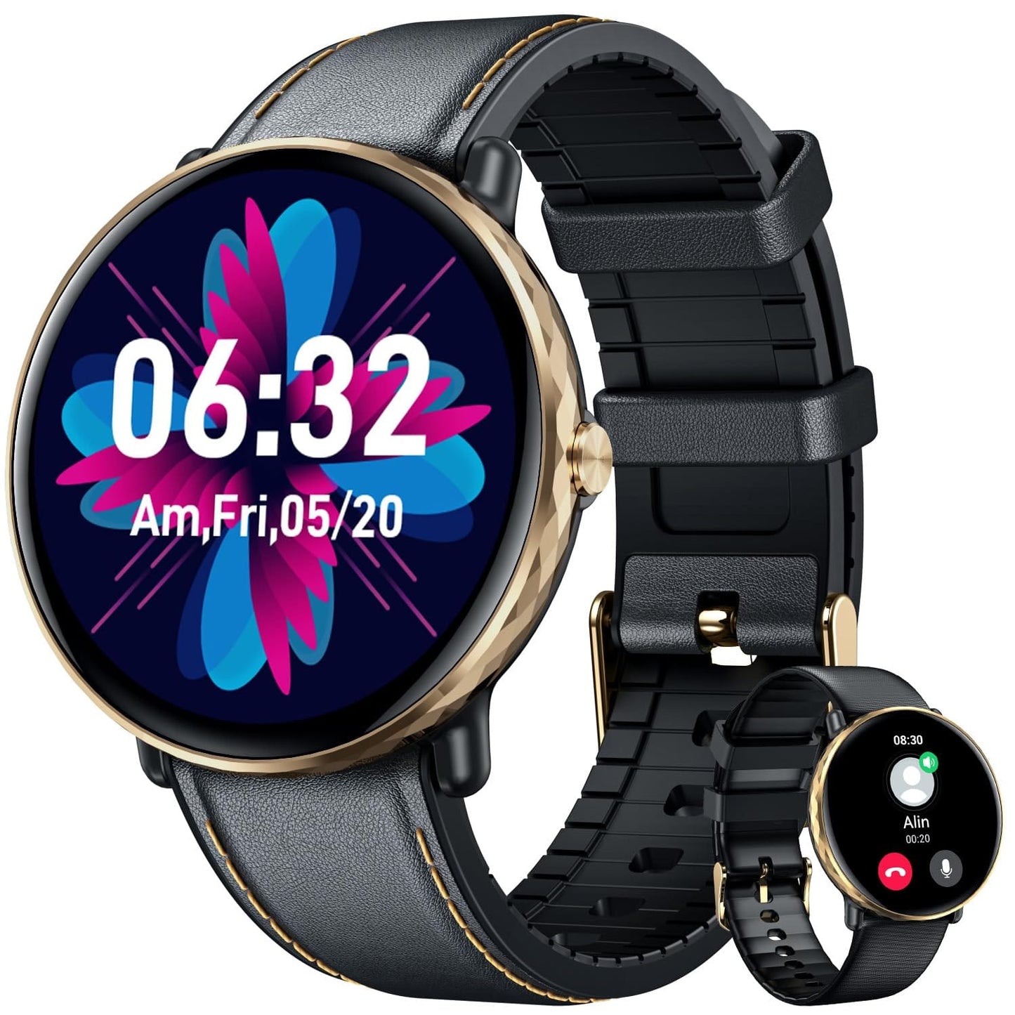 Montre intelligente pour hommes et femmes, téléphones Android iOS : montres intelligentes, tracker d'activité avec écran tactile AMOLED de 1,43", étanche, pression artérielle, fréquence cardiaque, pas automatique, minuteur de sport, alarme, podomètre. 