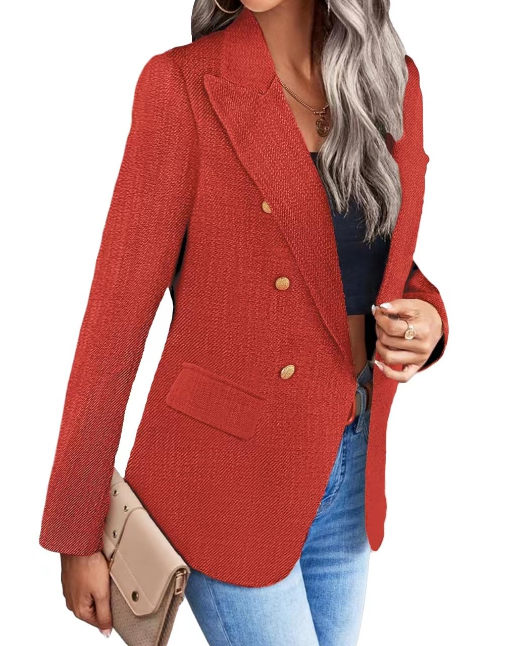 Womens Casual Blazer 2024 Spring Open Front Business Work Tweed Plaid Jacket Suit Pocket (S-XXL)