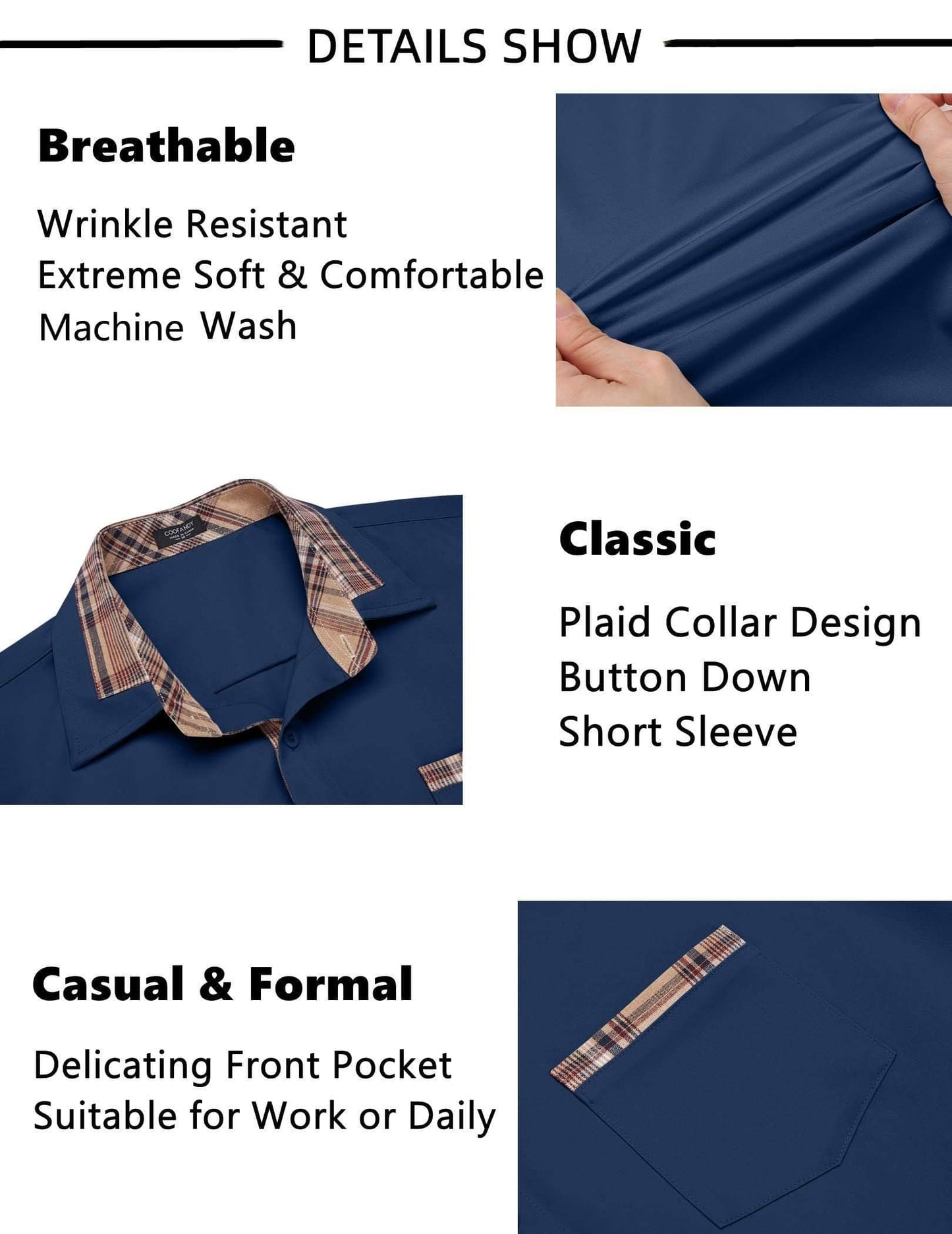 COOFANDY Mens Short Sleeve Dress Shirts Casual Wrinkle Free Shirt Plaid Collar Summer Button Down Shirts