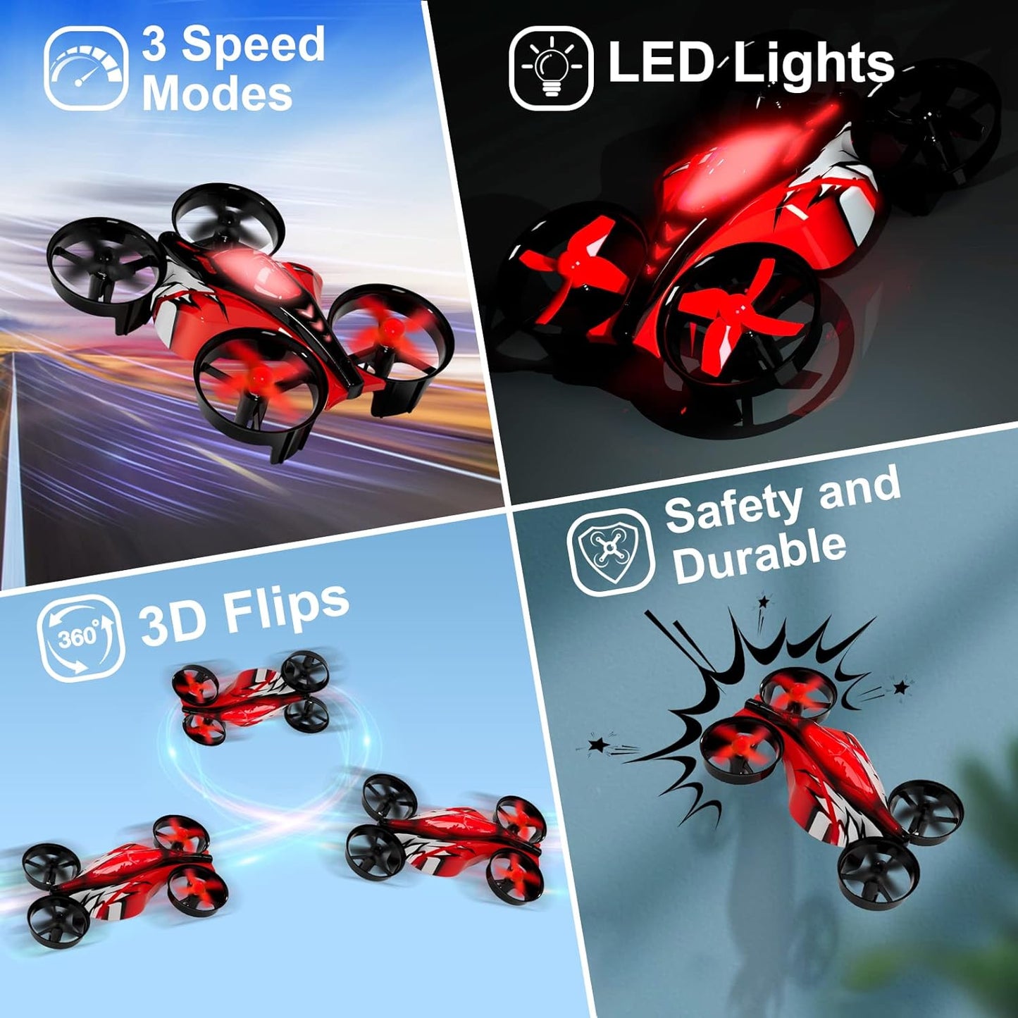 Mini drones 2 en 1 pour enfants, drone télécommandé avec mode terrestre ou mode vol, lumières LED, vol stationnaire automatique, retournement 3D, mode sans tête et 2 piles, jouets cadeaux pour garçons et filles (rose port) 