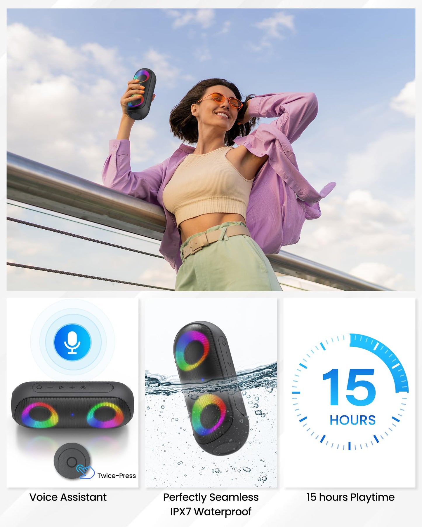 Altavoces Bluetooth con luz, Bluetooth inalámbrico portátil de 30 W (rango de 100 pies), sonido estéreo fuerte, altavoces de ducha impermeables IPX7, luces rítmicas multicolores RGB, tiempo de reproducción de 1000 minutos para interiores y exteriores 