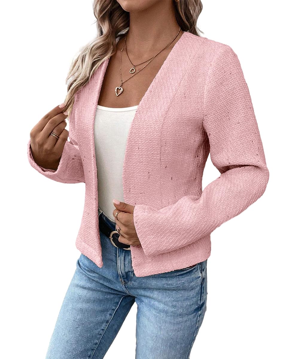 Mina Self 2024 Blazer corto sin cuello de verano, ligero, totalmente forrado, frente abierto, elegante, chaquetas de oficina de trabajo pequeñas 