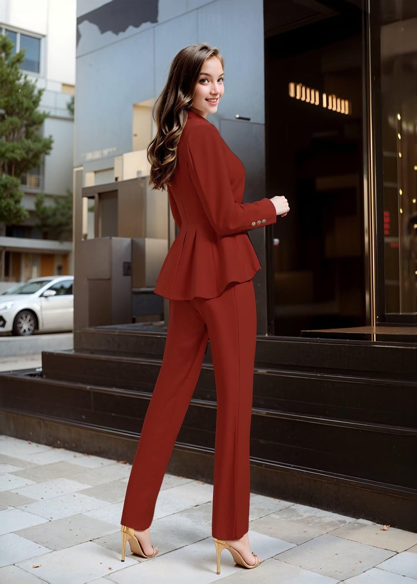 Hybrid & Company Women's Casual Work Office Dressy Double Notch Lapel Sharp Shoulder Pad Single Button Peplum Comfy Blazer