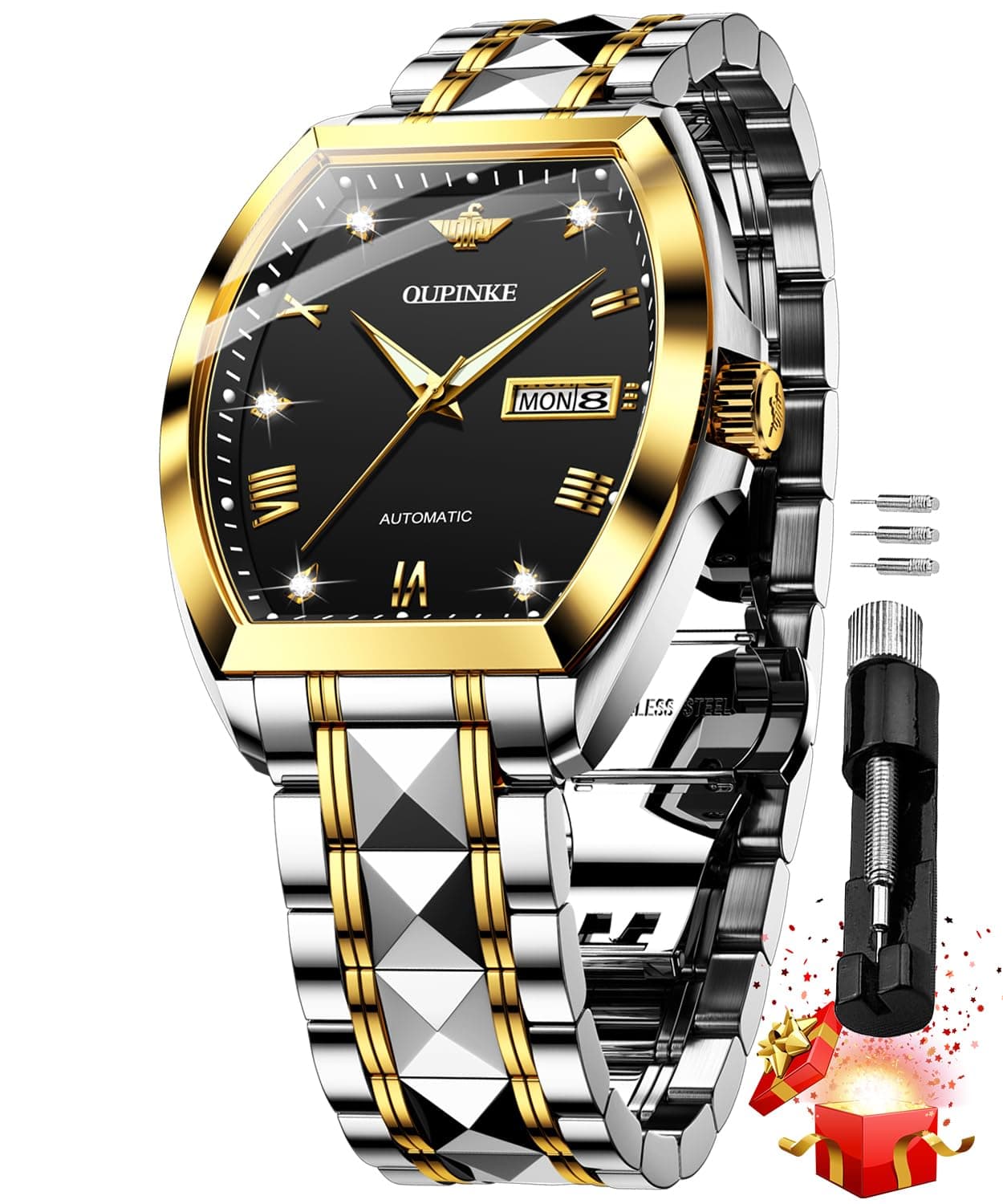 OUPINKE, relojes automáticos para hombre, vestido de lujo con diamantes, reloj de pulsera mecánico resistente al agua de acero de tungsteno con doble fecha 