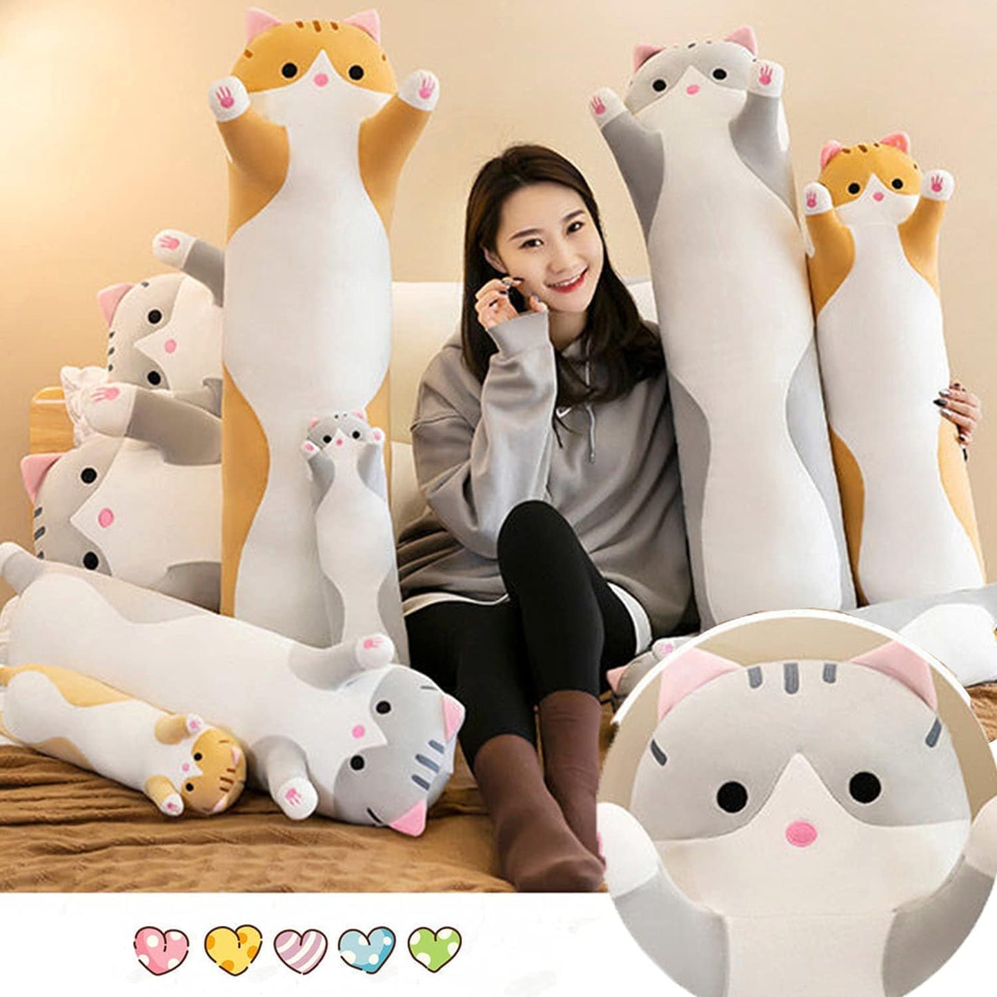 Giant Cat Pillow Plush Cartoon Kitty Sleeping Hugging Pillow, Cuddly Soft Long Kitten Body Pillow Doll Cat Cushion Toy for Kids Girlfriend (Pink, 110cm/43.3inch)