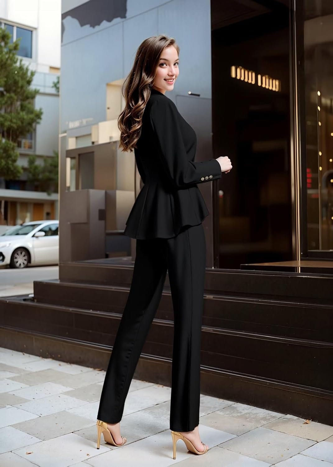 Hybrid & Company Women's Casual Work Office Dressy Double Notch Lapel Sharp Shoulder Pad Single Button Peplum Comfy Blazer