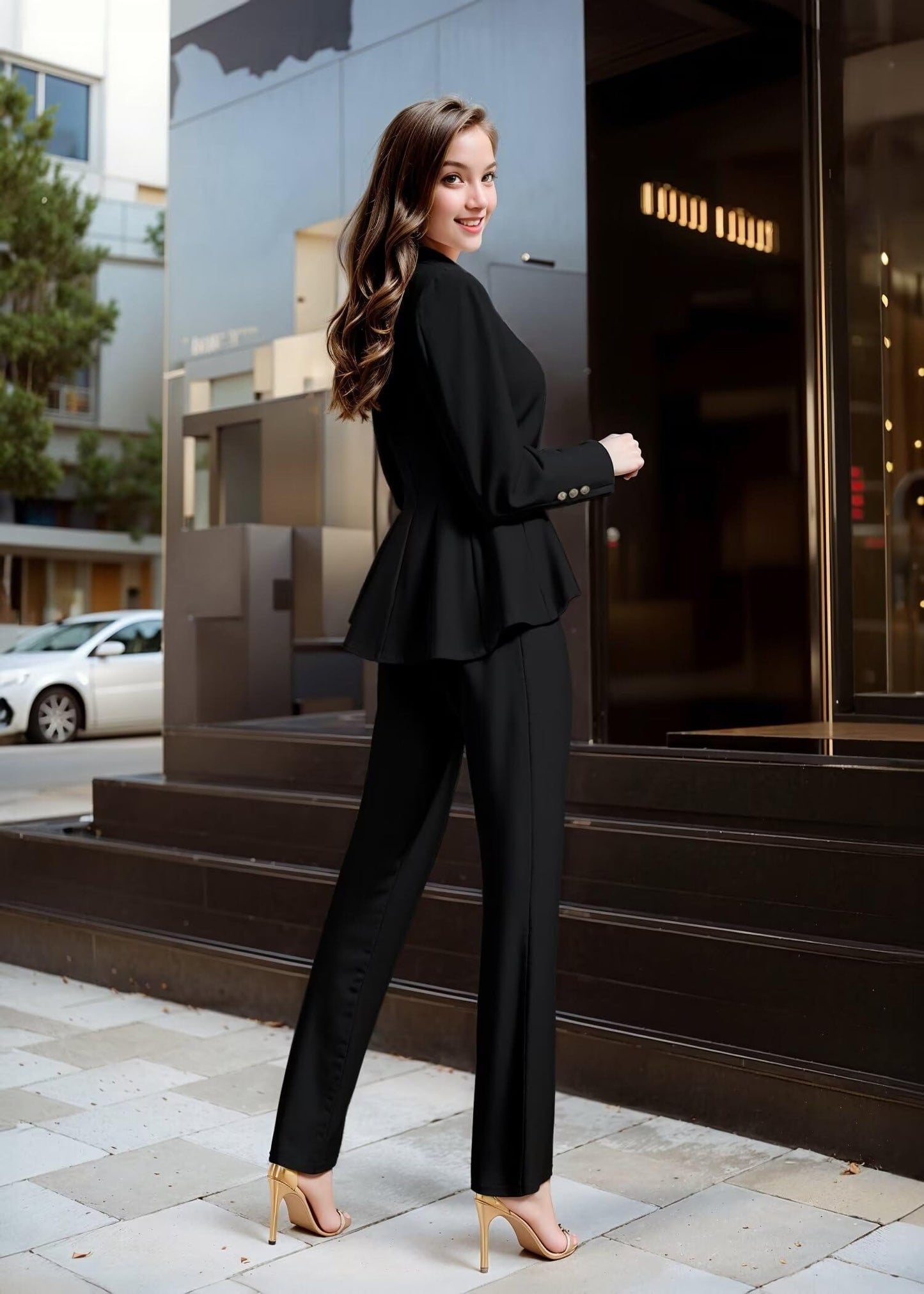 Hybrid & Company Women's Casual Work Office Dressy Double Notch Lapel Sharp Shoulder Pad Single Button Peplum Comfy Blazer