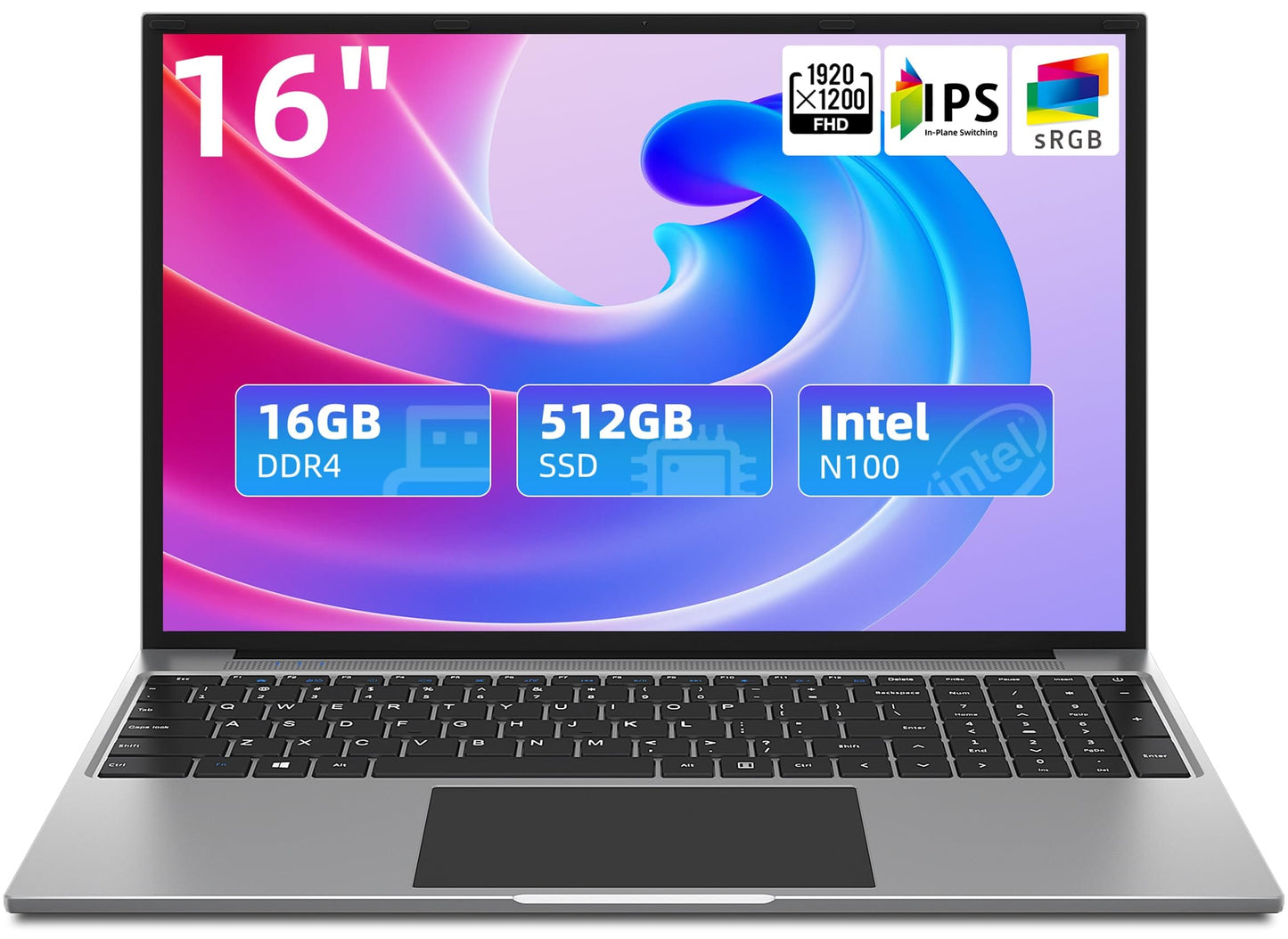 jumper Laptop, Laptops Computer with Intel N100 CPU(Up to 3.4GHz), 16GB DDR5 512GB SSD, 16" FHD IPS Display, 1920x1200, Cooling System, 38WH Battery, 4 Stereo Speakers, Intel UHD Graphics, HDMI.