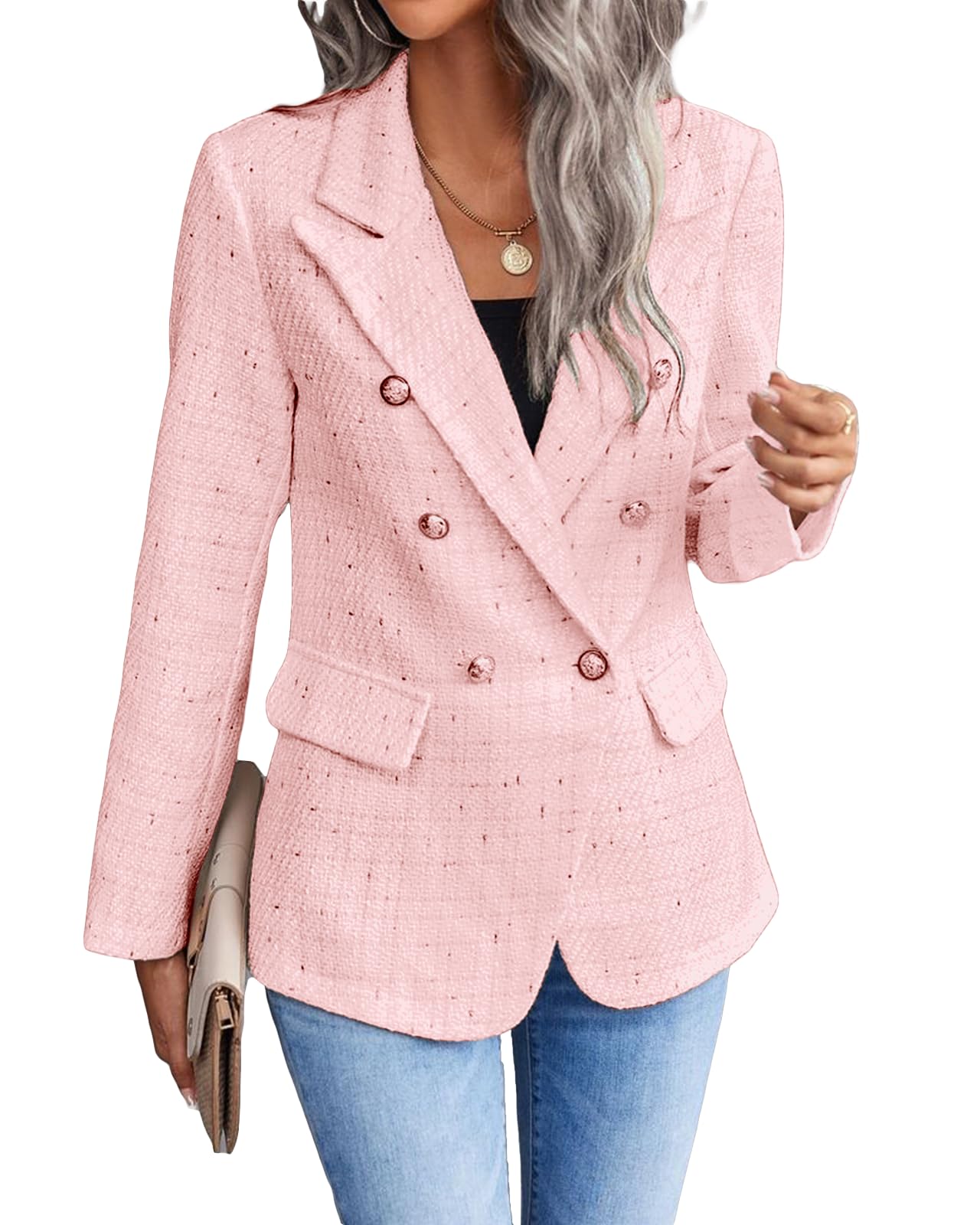 Womens Casual Blazer 2024 Spring Open Front Business Work Tweed Plaid Jacket Suit Pocket (S-XXL)