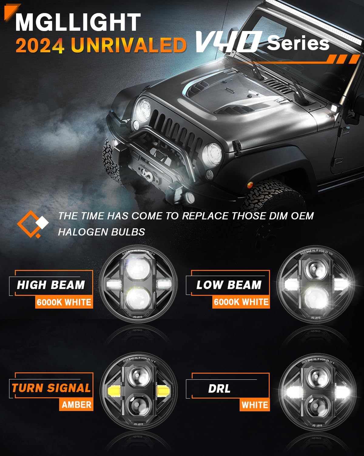 2024 New 7 Inch LED Headlights DOT Approved Anti-glare 1000% Brightness H6024 LED Headlights Plug&Play, Compatible with Wrangler JK JKU TJ LJ Z-beam Cut-Off Line