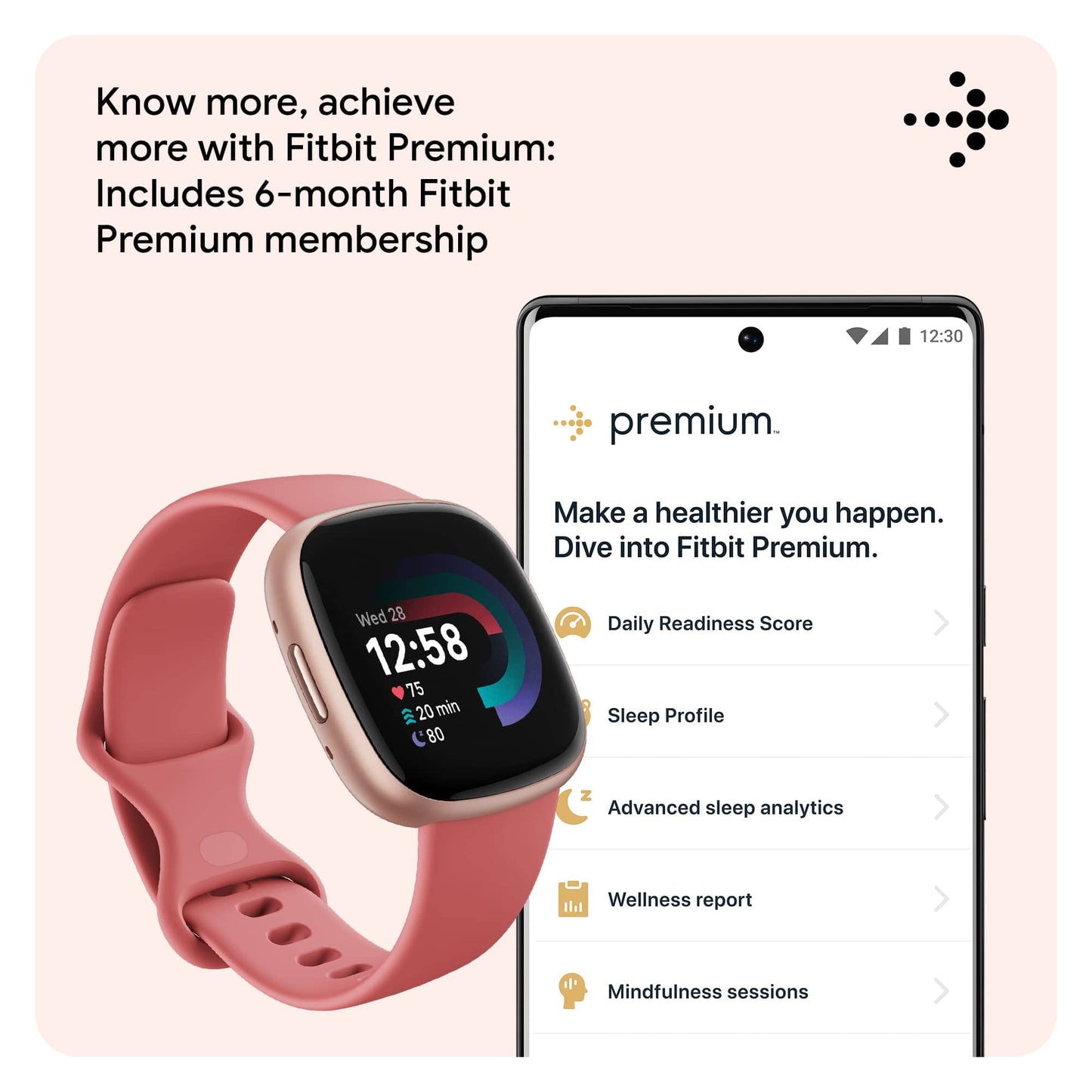 Fitbit Versa 4 Montre intelligente de fitness avec préparation quotidienne, GPS, fréquence cardiaque 24h/24 et 7j/7, plus de 40 modes d'exercice, suivi du sommeil et plus encore, rose sable/cuivre rose, taille unique (bracelets S et L inclus) 